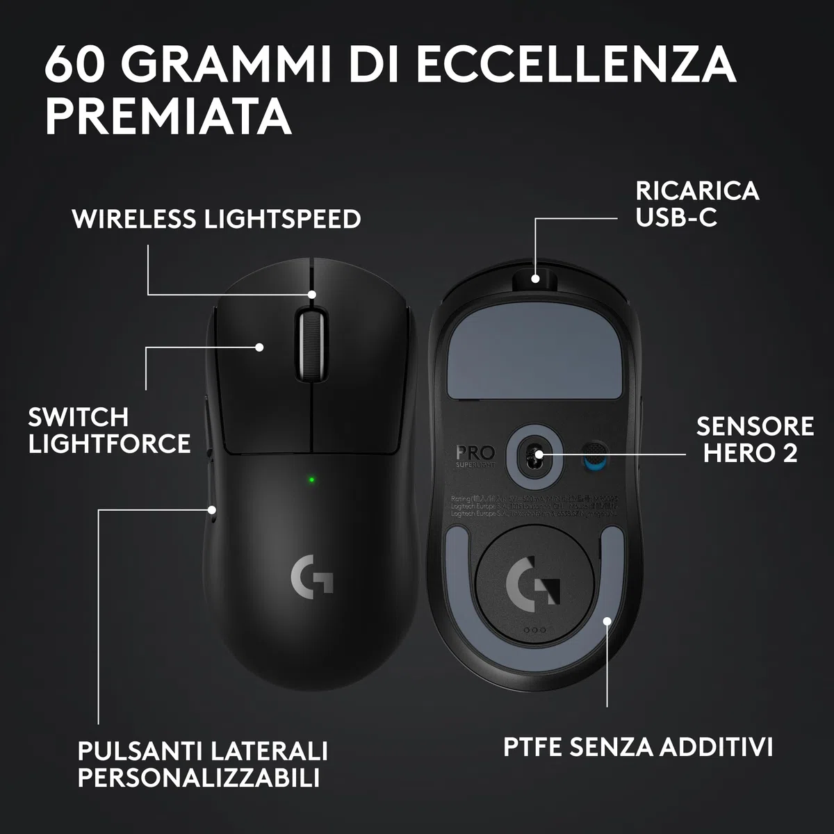 Logitech G PRO X Superlight 2 mouse gaming wireless 60g 5 pulsanti 44.000 DPI 8 kHz USB-C Nero