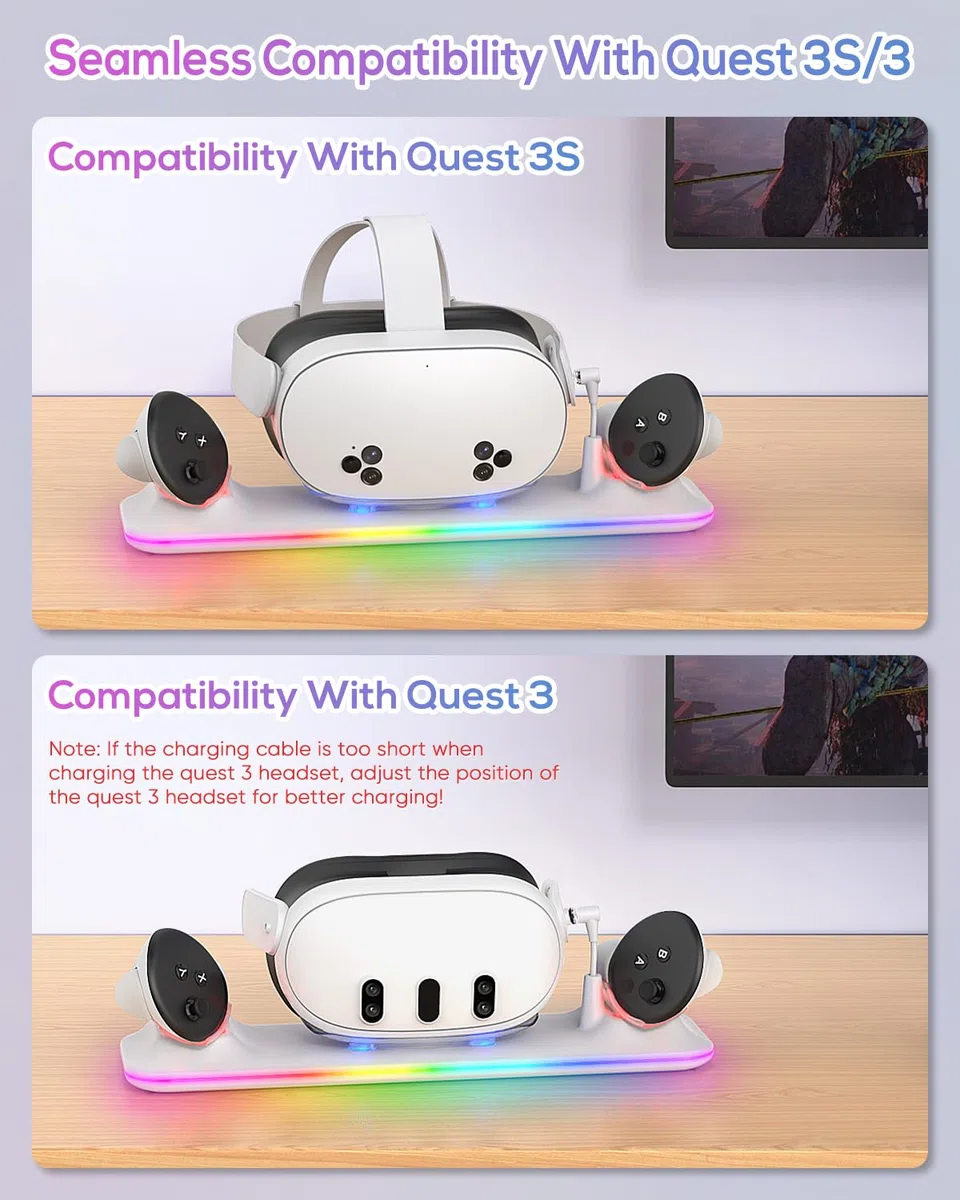 Kinwin Dock di Ricarica Magnetica per Meta Quest 3S/3, Stazione di Ricarica con Luce RGB e 2 Batterie Ricaricabili