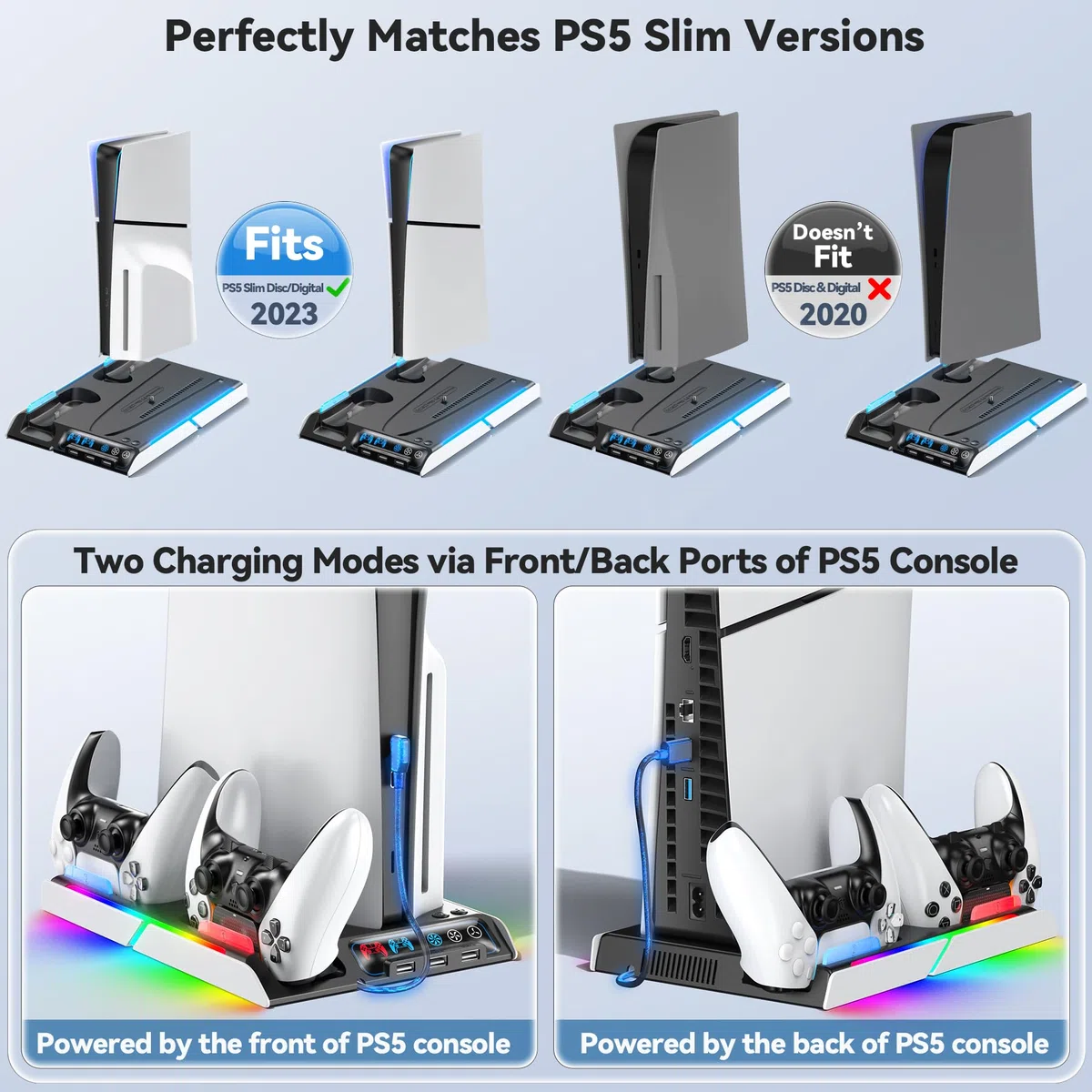 Supporto PS5 Slim con Ventola di Raffreddamento, Staffa per PS5, Base Ricarica Controller PS5, PS5 Accessori per PS5 Slim/P5 Digital Edition e Disc Edition