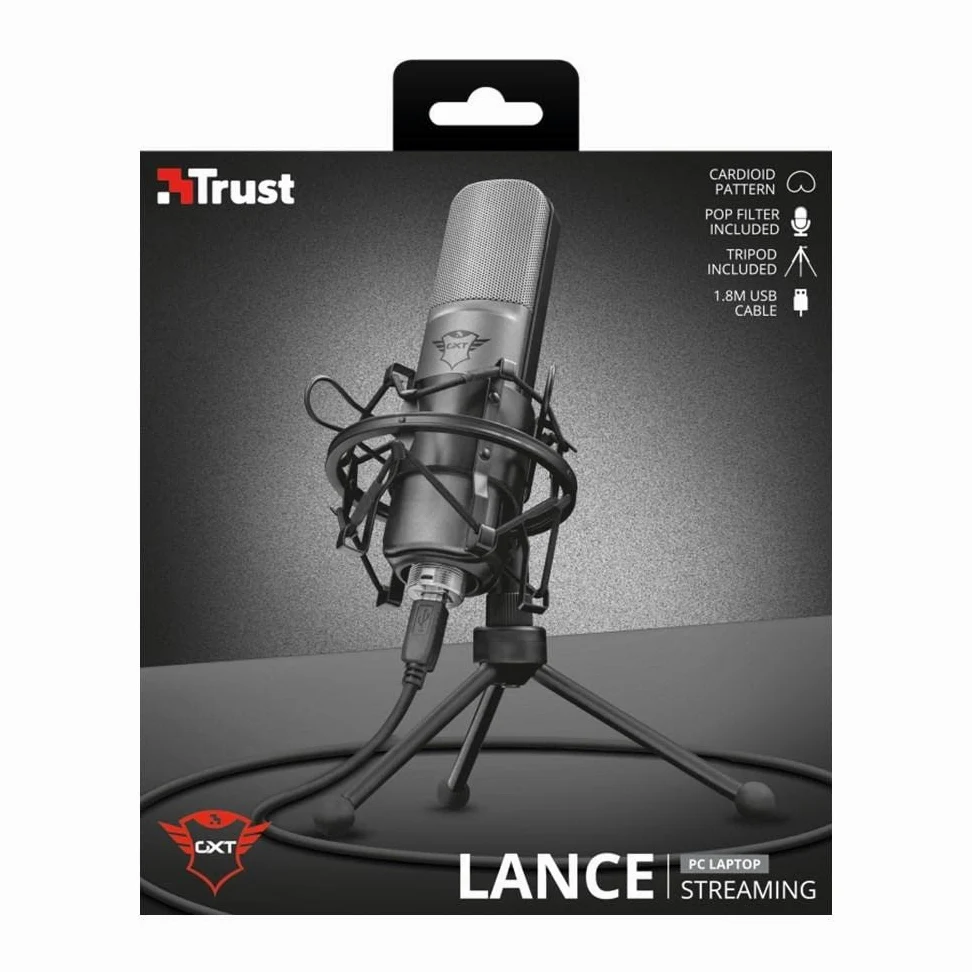 Trust Gaming GXT 242 Lance Microfono Streaming con Supporto, Microfono USB Cardioide per PC, Laptop, PS4, PS5, Streaming, Cantare, ASMR, Podcast, Registrazione, Twitch, YouTube - Nero