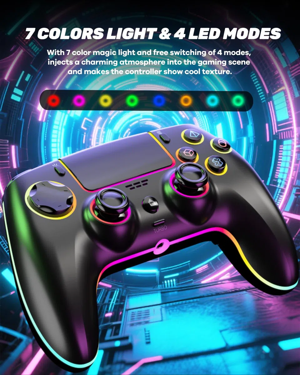 Controller Wireless Pro per PS5 PC MAC Steam Deck Gamepad 7 Colori RGB Personalizzabili Joystick Grilletti Effect Hall Turbo Giroscopio 6 Assi Programmabile Doppia Vibrazione Batteria 1500 mAh