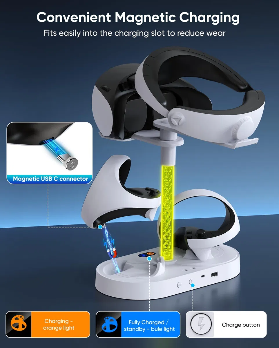 FASTSNAIL Stazione di ricarica per PSVR2, supporto LED per cuffie PS5 VR e controller Sense con 10 luci RGB, accessori compatibili con Playstation VR2