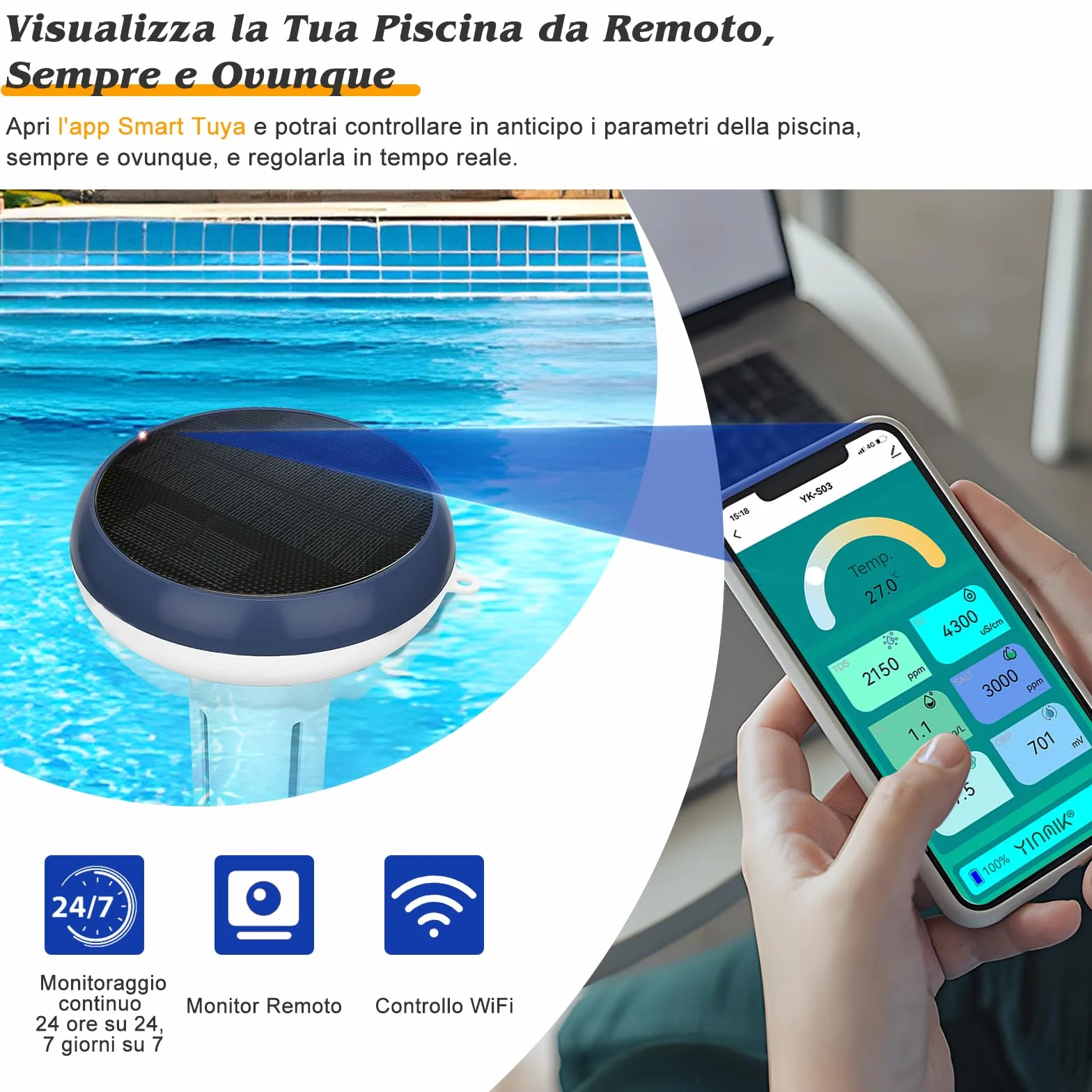 UIUZMAR Misuratore di Cloro e pH Piscina WiFi, Analizzatore Intelligente 7 in 1 per Acqua Salata e Piscina, Misura pH, Cloro Residuo, Sale, ORP, EC, TDS, Temperatura, con Ricarica Solare