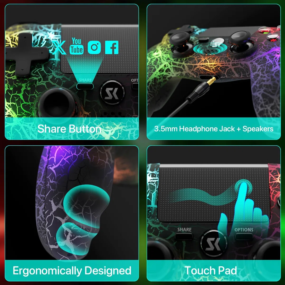 Controller Wireless PS4 Joystick LED RGB per Playstation 4/Pro/Slim con Batteria 1000 mAh