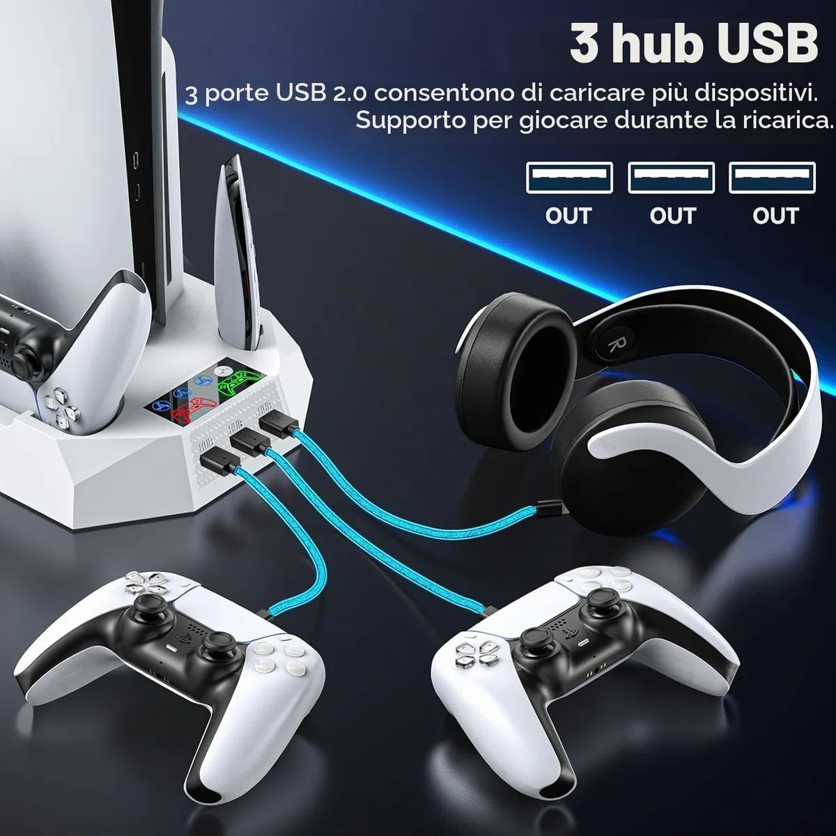 Tokluck Supporto per PS5/Slim/Pro con Raffreddamento, Caricatore per PS5 Controller, Ventola per PS5 a 3 velocità con Supporto per Cuffie e 3 USB HUB