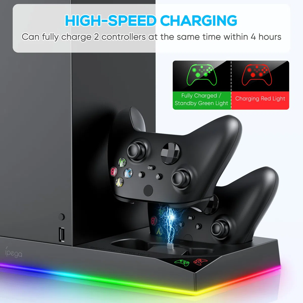 FASTSNAIL Supporto LED RGB per Xbox Series X, controller stazione di ricarica con 2 batterie da 1400 mAh, ventola di raffreddamento e accessori