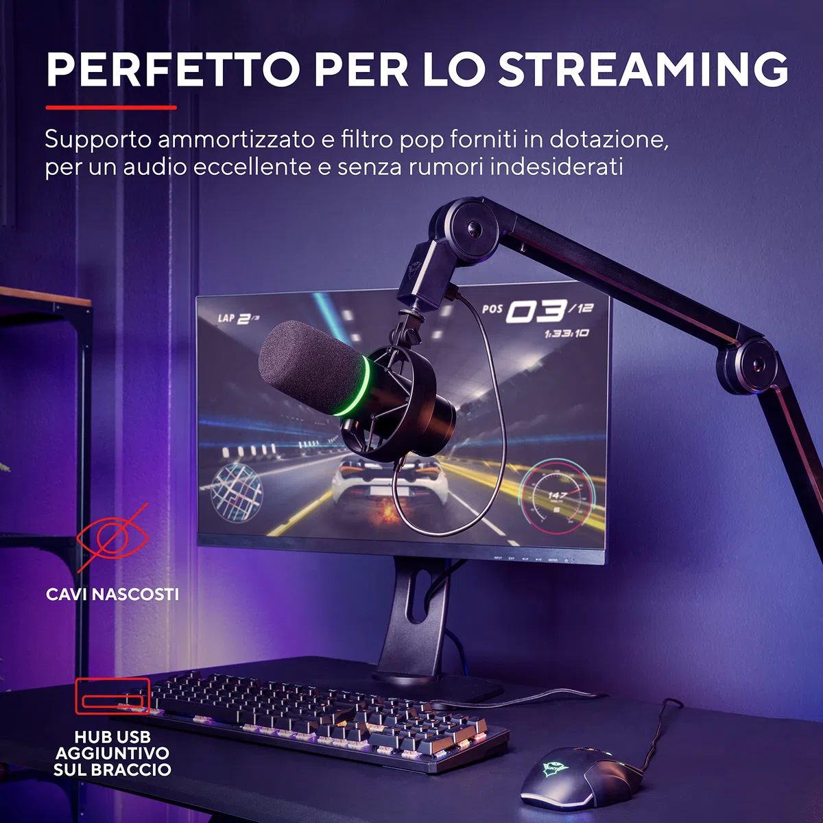 GXTrust 255+ Onyx Microfono Professionale con Braccio da Streaming, Microfono USB con Motivo Cardiode, Filtro Pop, Microfono per Gaming, Podcast, ASMR, Registrazione, Trasmissione - Nero