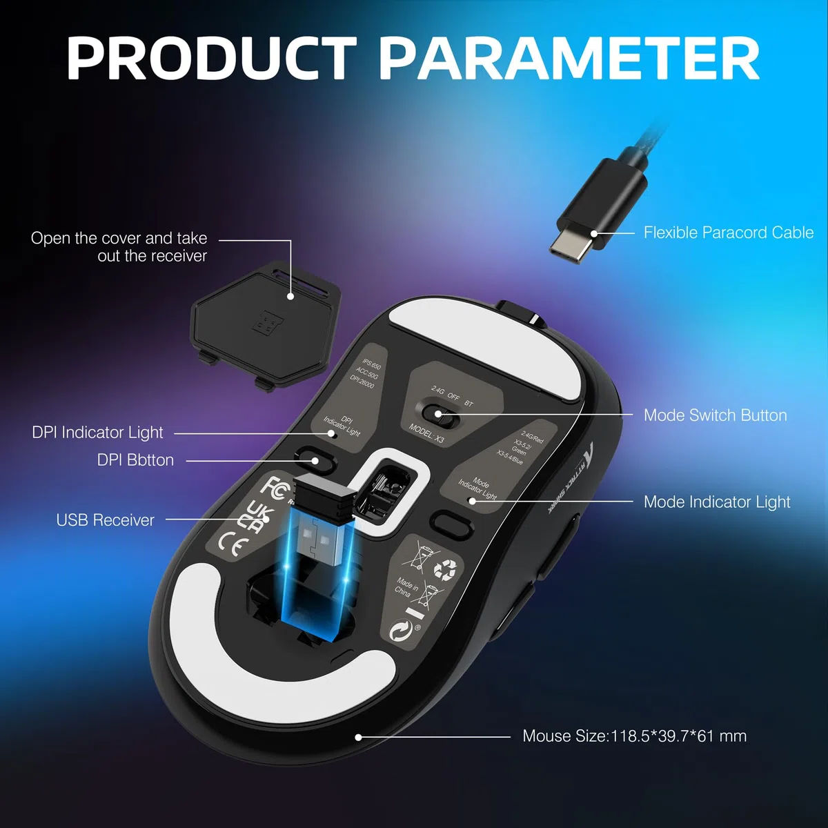 ATTACK SHARK X3 SUPERLIGHT Wireless Gaming Mouse 26000DPI PixArt PAW3395 49g Ultraleggero Nero