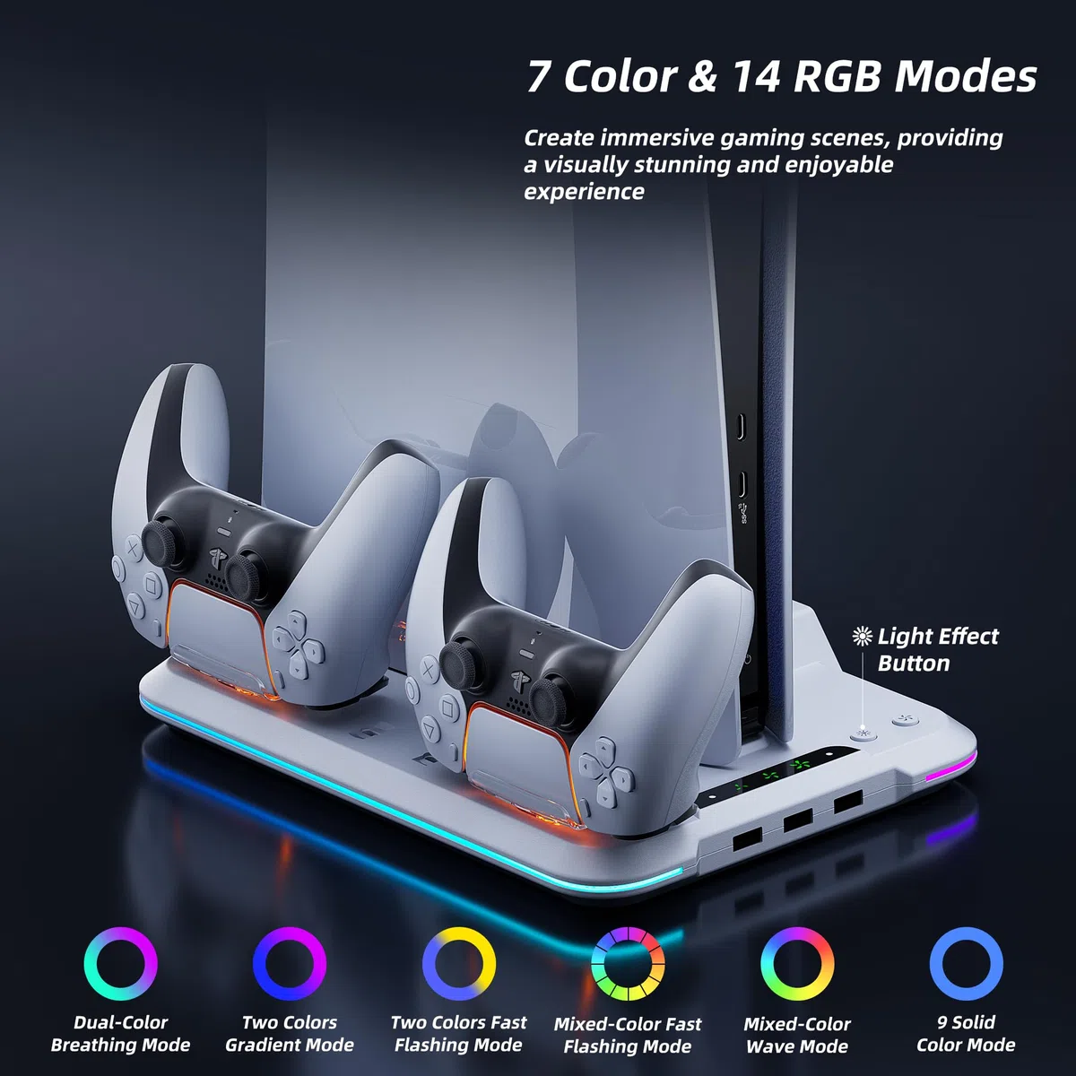 Mytrix Stazione di raffreddamento per la nuova console PS5 Slim 2023 (edizioni disco e digitale), supporto PS5 Slim con ventola a 3 velocità, stazione di ricarica con caricatore controller, 14 luci