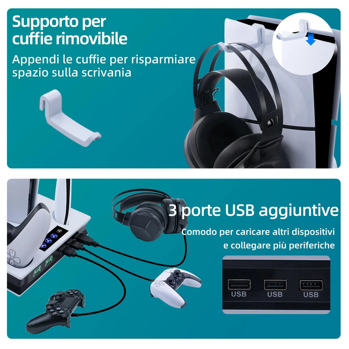 Supporto Verticale di Raffreddamento per PS5/PS5 Pro/PS5 Slim Stazione di Ricarica per Controller Doppi con 3 Livelli di Ventola/Supporto per Cuffie per PS5/PS5 Slim UHD/Digital Edition