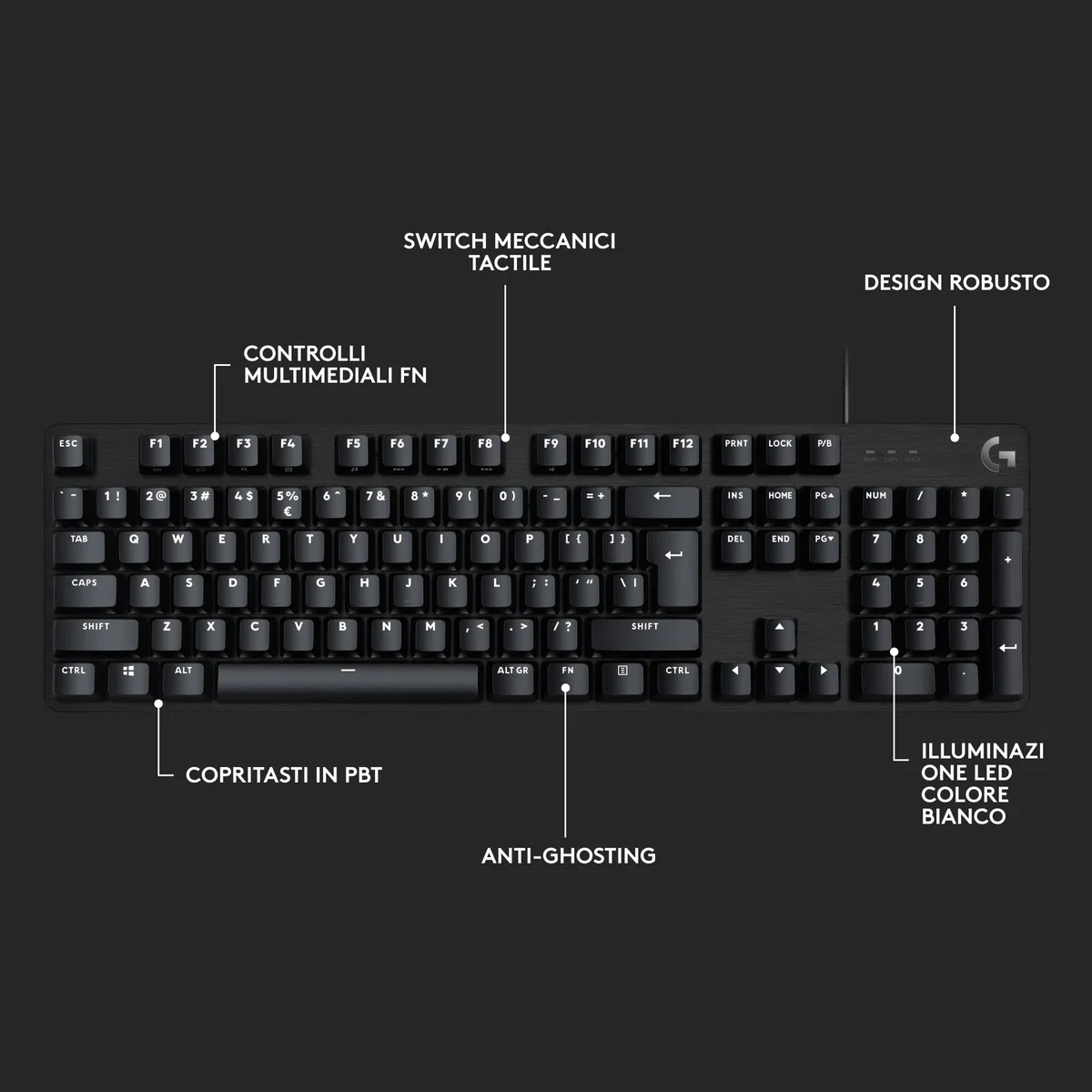 Logitech G G413 SE Tastiera Meccanica Gaming Full Size, Retroilluminata, Switch Meccanici Tattili, Anti-Ghosting, Alluminio Nero, Layout Italiano QWERTY