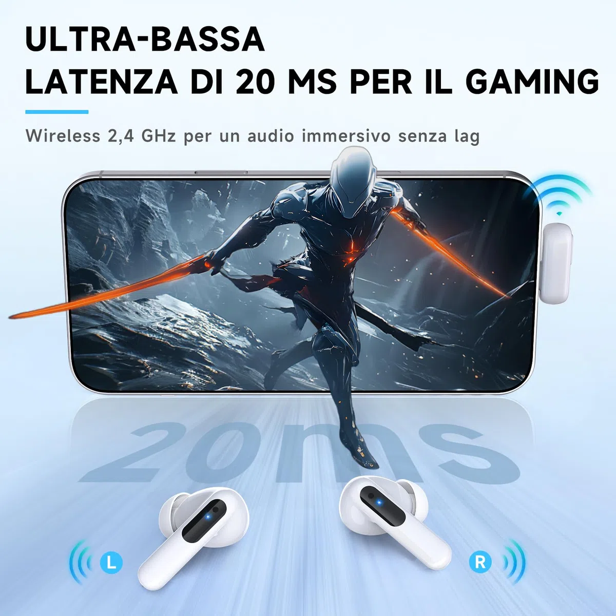 Bluetooth 5.3 Gaming Earbuds 2.4 GHz USB C & A in-Ear Headset for PS5/PC/VR/Switch ENC Mic 20ms 36h Touch Control bianco