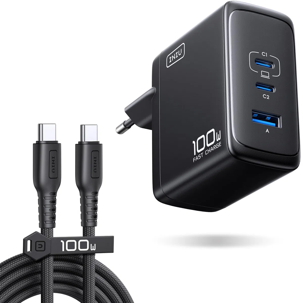 INIU 100W USB C Caricatore GaN Multiplo Presa Caricabatterie Alimentatore Rapido Compatto con Cavo per MacBook Pro Air iPad iPhone 17 16 15 Pro Max Samsung S25 S24 Ultra Switch 2 Xiaomi 15