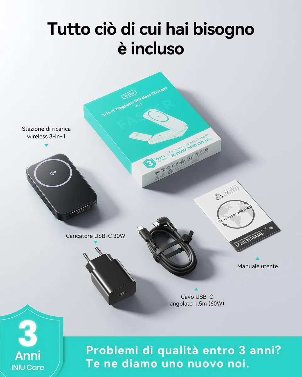INIU Caricatore Wireless 3 in 1, 15W Certificato Qi2 Stazione di Ricarica Magnetica Pieghevole da Viaggio, Caricabatterie con MagSafe per iPhone 17/16/15/14/13/12 Serie, Apple Watch, AirPods Pro/4/3/2