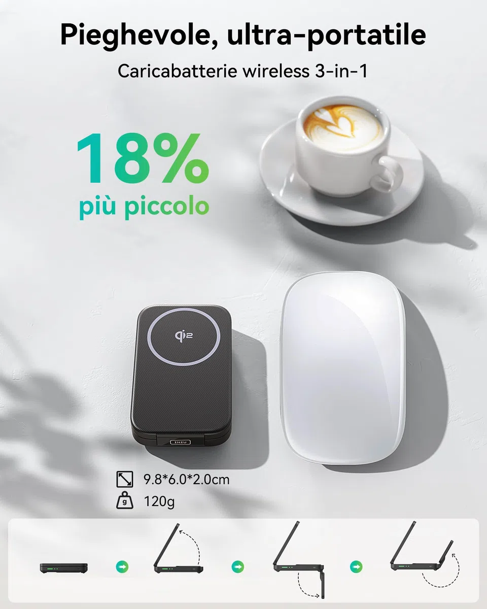 INIU Caricatore Wireless 3 in 1, 15W Certificato Qi2 Stazione di Ricarica Magnetica Pieghevole da Viaggio, Caricabatterie con MagSafe per iPhone 17/16/15/14/13/12 Serie, Apple Watch, AirPods Pro/4/3/2