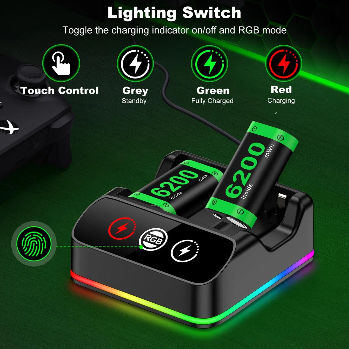 HELLCOOL Batteria per controller Xbox, 2 batterie ricaricabili da 6200 mWh con dock di ricarica Xbox/Cool RGB/cavo di ricarica, caricabatterie per Xbox Series X|S, Xbox One/Elite/S|X