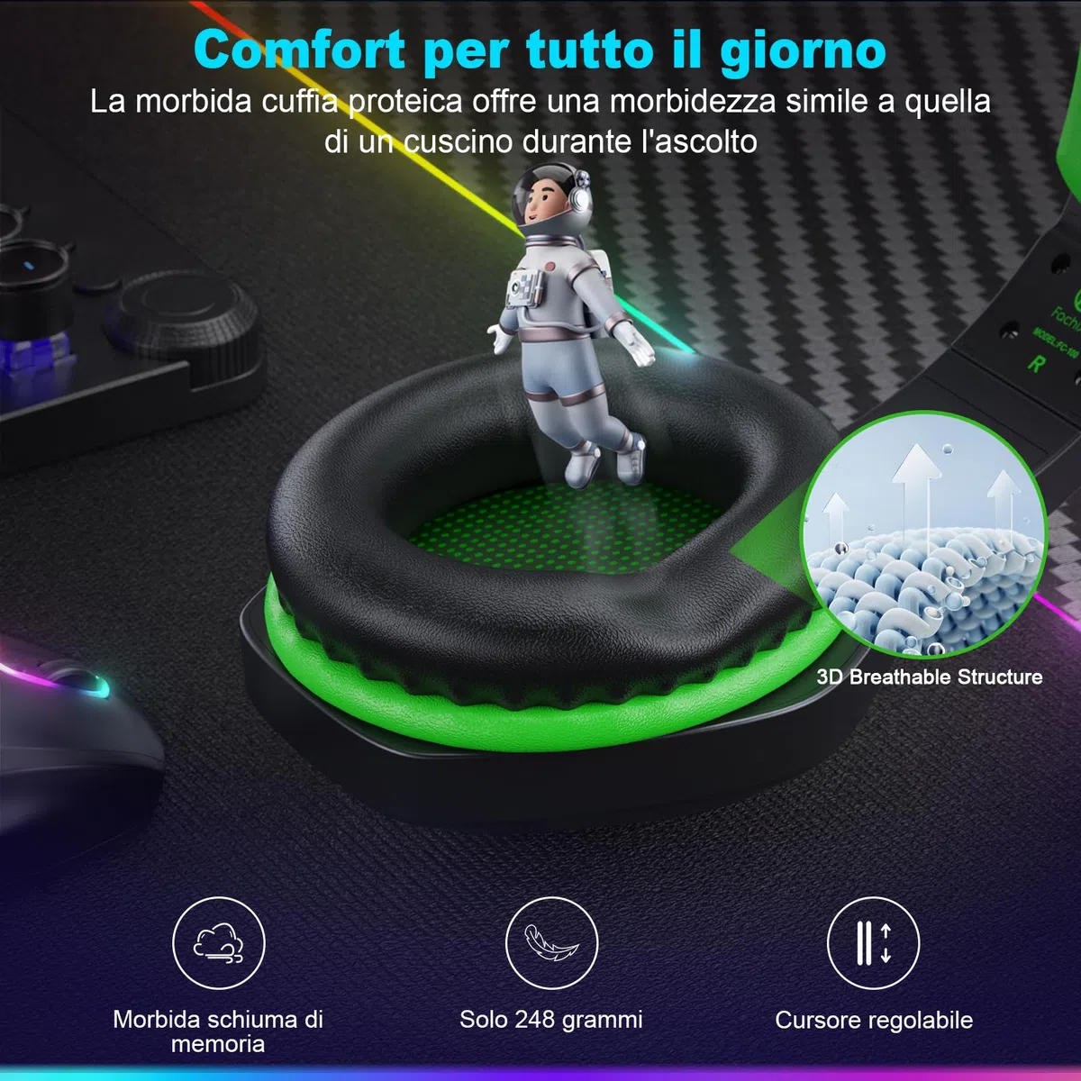 Fachixy FC100 Cuffie da gioco senza fili 2.4GHz Bluetooth microfono Suono stereo 3D 50 ore Batteria PS4 PS5 PC nero-verde