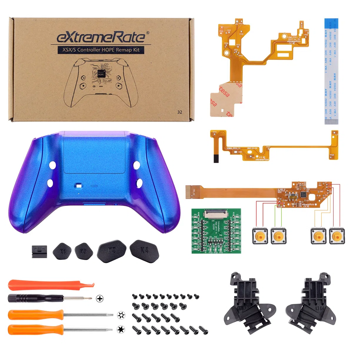 eXtremeRate HOPE Remap Kit Programmabile per Xbox Series X S Controller Scheda&Cover Posteriore&Grip&Tasti Posteriori per Xbox Core Joystick(Model 1914)-Camaleonte Viola Blu