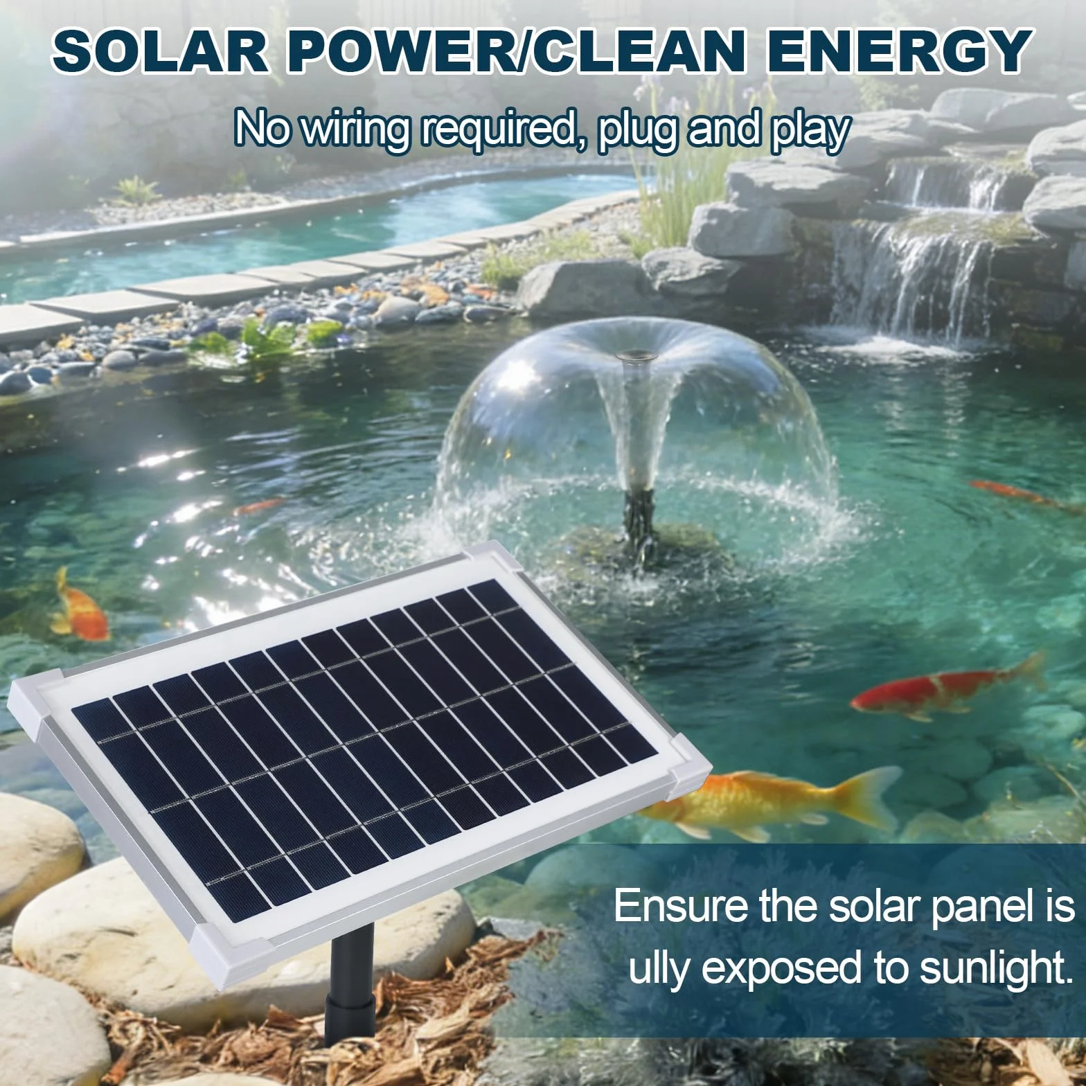 CPROSP Pompa per laghetto solare 390 l/h, pompa per laghetto da esterno con 2 inserti per fontana, modulo solare da 8 Watt, pompa solare, set completo per acqua pulita in laghetto da giardino