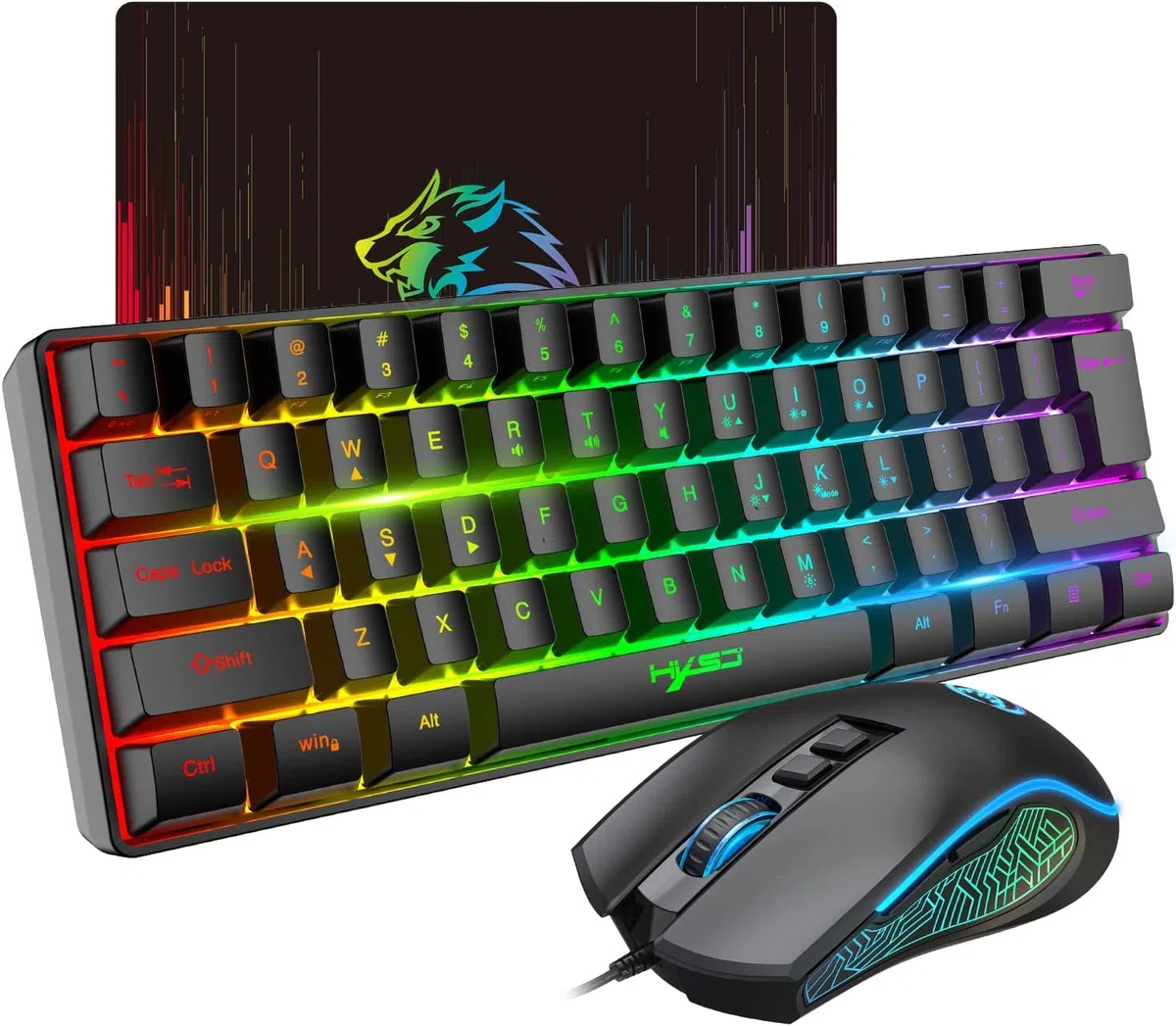 Kit Tastiera e Mouse Gaming 60%, Cablata 61 Tasti Tastiere Ultra-Compact Portatili RGB Retroilluminato 3600 DPI Mouse Ottico Ergonomico per Windows Mac PC Laptop Giochi & Ufficio, Nero