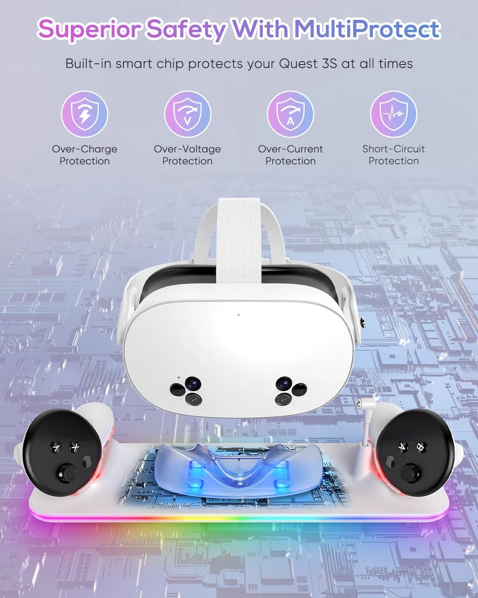 Kinwin Dock di Ricarica Magnetica per Meta Quest 3S/3, Stazione di Ricarica con Luce RGB e 2 Batterie Ricaricabili