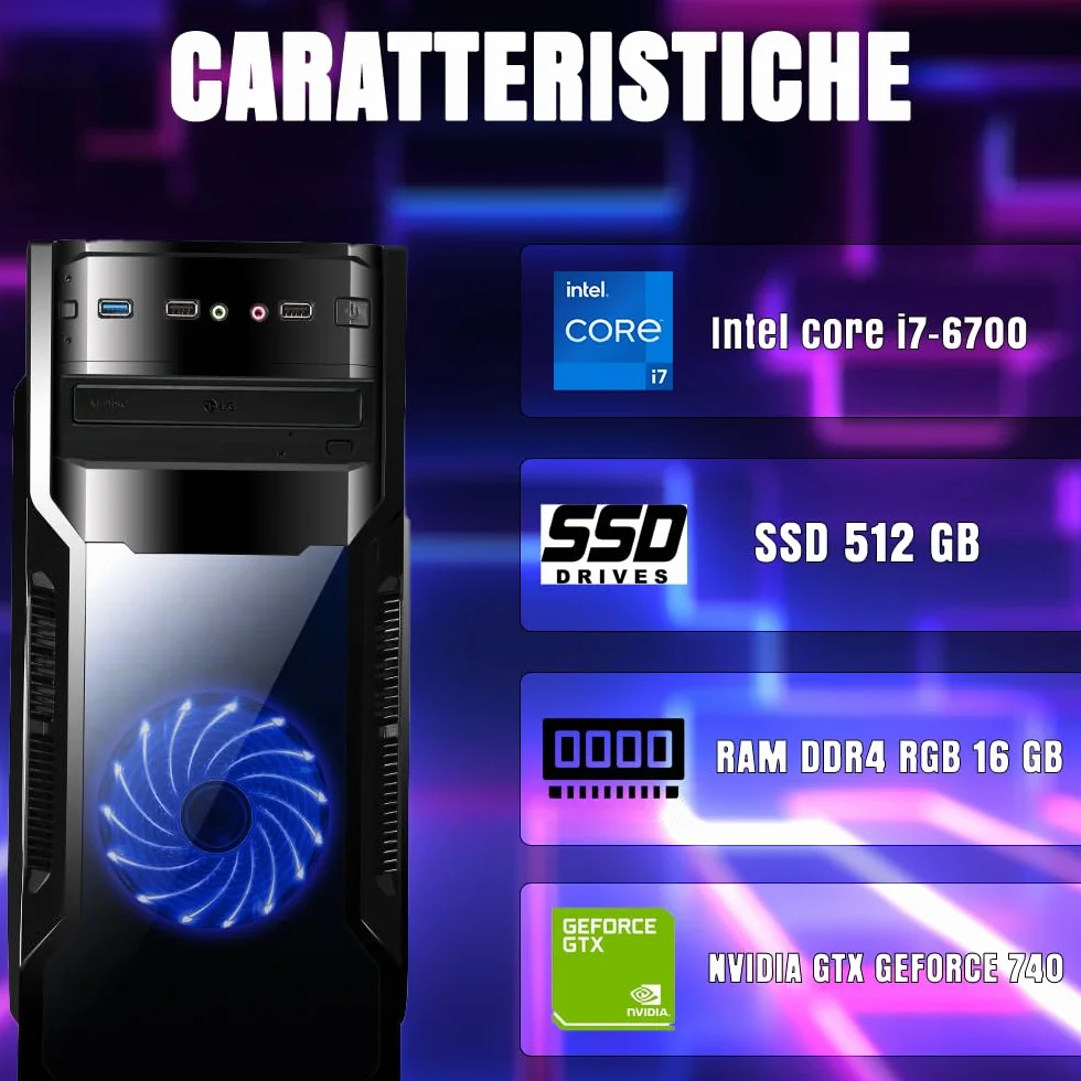 PC Gaming Fisso NUOVO pronto all'uso • Cpu intel core i7-6700 • 16GB RAM DDR4 • 512GB SSD • Scheda grafica dedicata GT 740 4GB • Windows 11 Pro • Office 365 • Ideale per Gaming BASE • Garanzia 2 anni