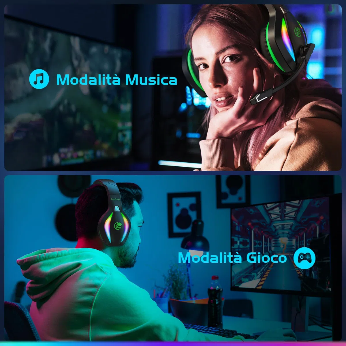 Fachixy FC100 Cuffie da gioco senza fili 2.4GHz Bluetooth microfono Suono stereo 3D 50 ore Batteria PS4 PS5 PC nero-verde