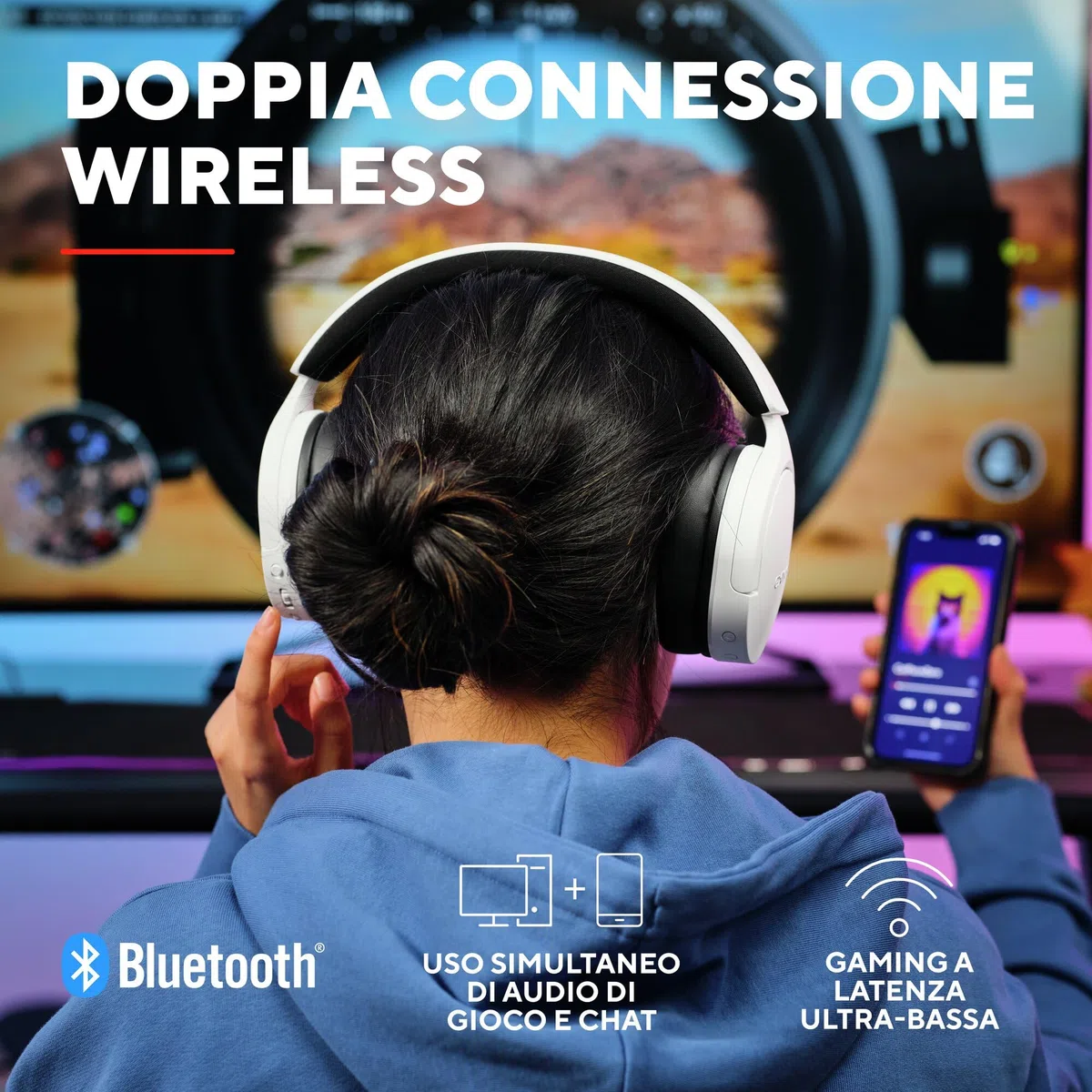 GXTrust 491W Fayzo Cuffie Gaming Wireless Bluetooth + 2.4 GHz, Audio Surround 7.1, Batteria da 22 Ore, 35% Plastica Riciclata, RGB Cuffie Bluetooth Over Ear PC PS5 PS4 Switch - Bianco
