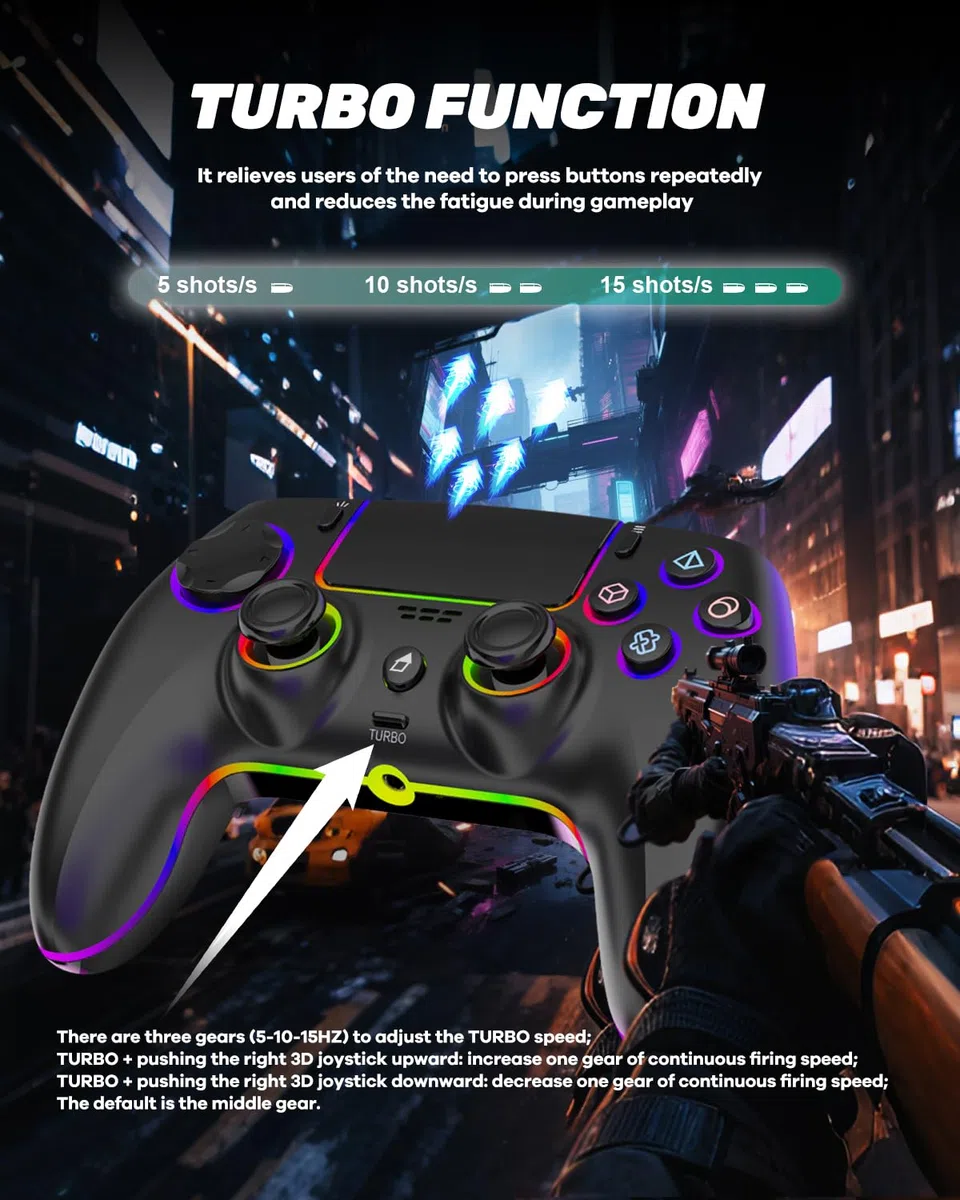 Controller Wireless Pro per PS5 PC MAC Steam Deck Gamepad 7 Colori RGB Personalizzabili Joystick Grilletti Effect Hall Turbo Giroscopio 6 Assi Programmabile Doppia Vibrazione Batteria 1500 mAh
