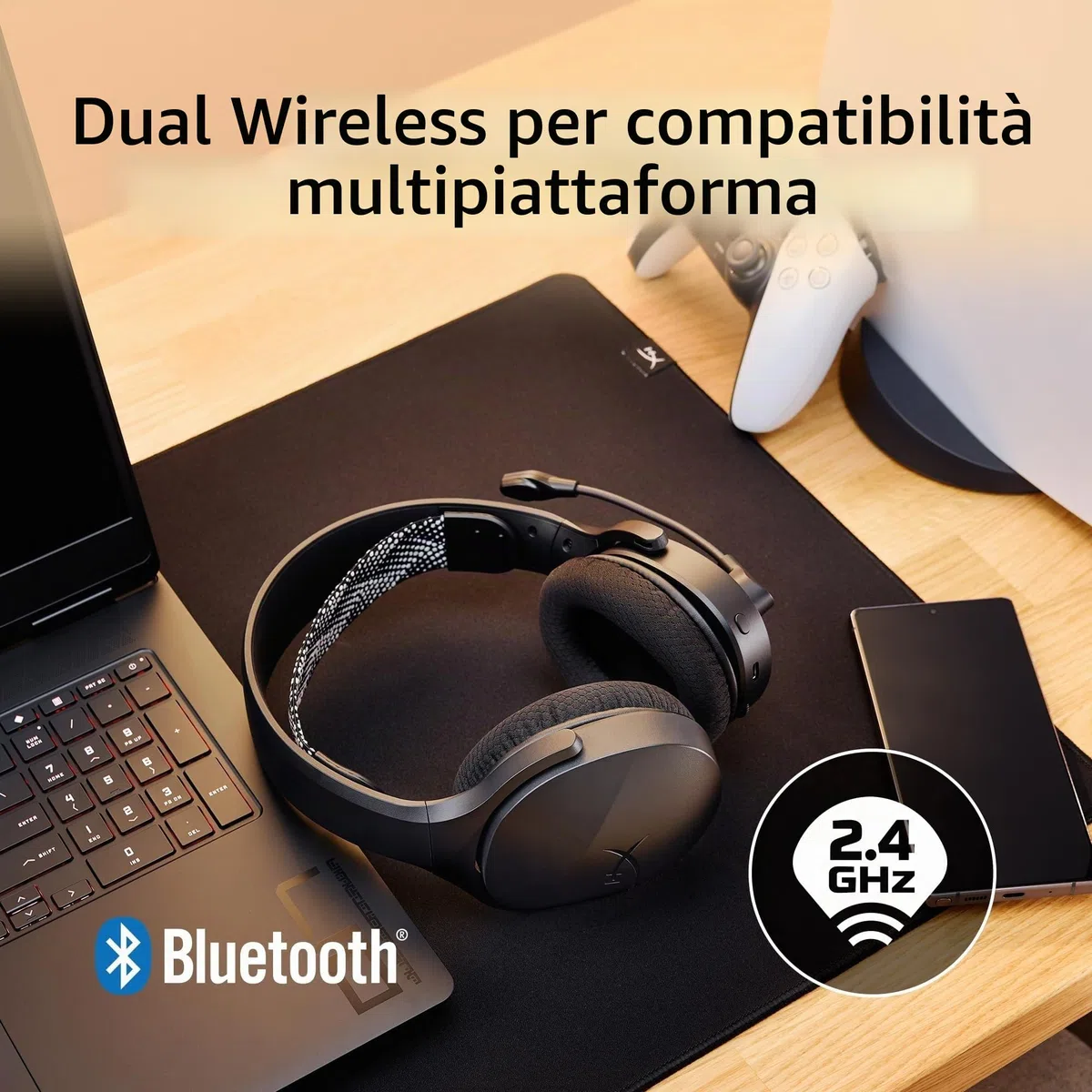 HyperX Cloud Jet Cuffie da Gioco Dual Wireless 2,4 GHz Bluetooth PC Mac PS5 PS4 40mm Driver 25 Ore Batteria Microfono Girevole Mute Design Leggero Nero