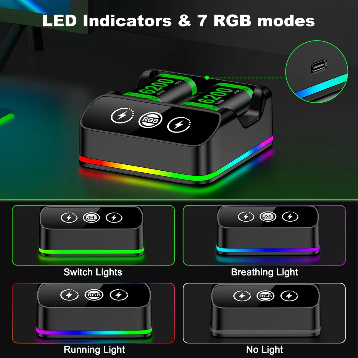HELLCOOL Batteria per controller Xbox, 2 batterie ricaricabili da 6200 mWh con dock di ricarica Xbox/Cool RGB/cavo di ricarica, caricabatterie per Xbox Series X|S, Xbox One/Elite/S|X
