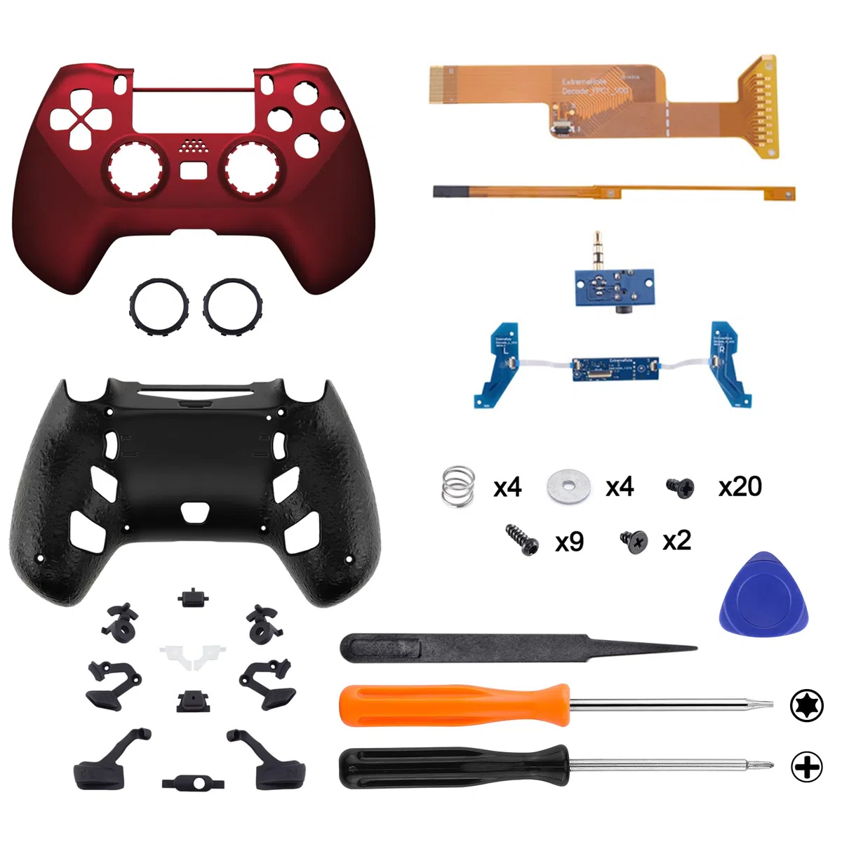 eXtremeRate DECADE Torneo Aggiornamento Kit per ps4 Controller CUH-ZCT2(Non Controller), Cover Shell&Tasti Posteriori&Trigger Stop, Accessori per ps4 Joystick JDM-040/050/055, Rosso