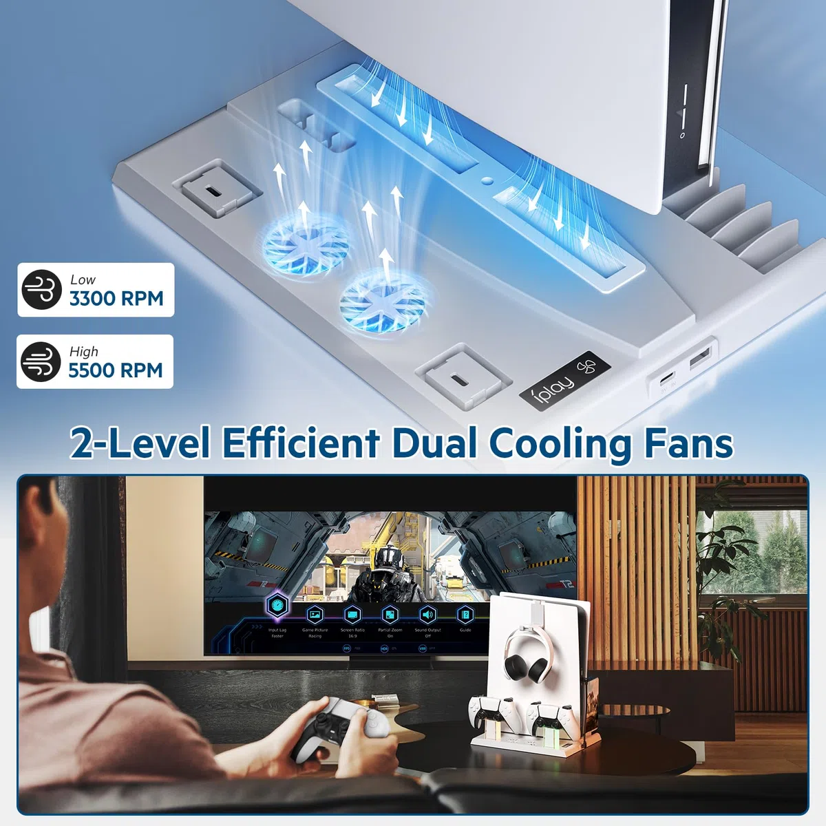 Multifunzionale Supporto Verticale USB PS5 con Ventola di Raffreddamento e Ricarica Controller, con Indicatore LED Accessori PS5 con 15 Slot di Gioco(Disco e Digitale) (Bianco)