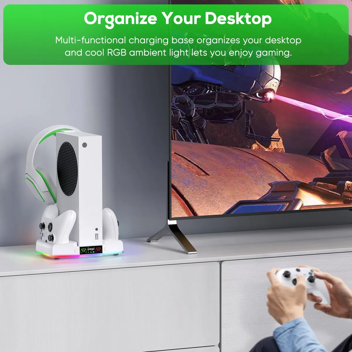 FYOUNG stazione di ricarica Xbox Series S verticale con 15 luci RGB, raffreddamento ventilato, 2 batterie ricaricabili