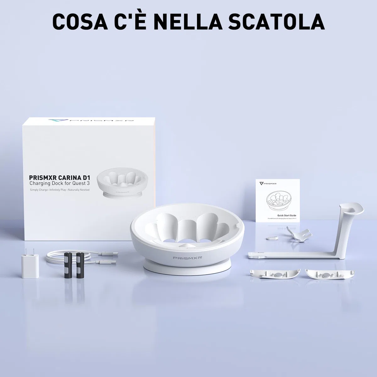PRISMXR Dock di Ricarica Stazione Ricarica Rapida per Meta Quest 3 Accessori Quest3 Controller 2 Batterie Ricaricabili (Carina D1)