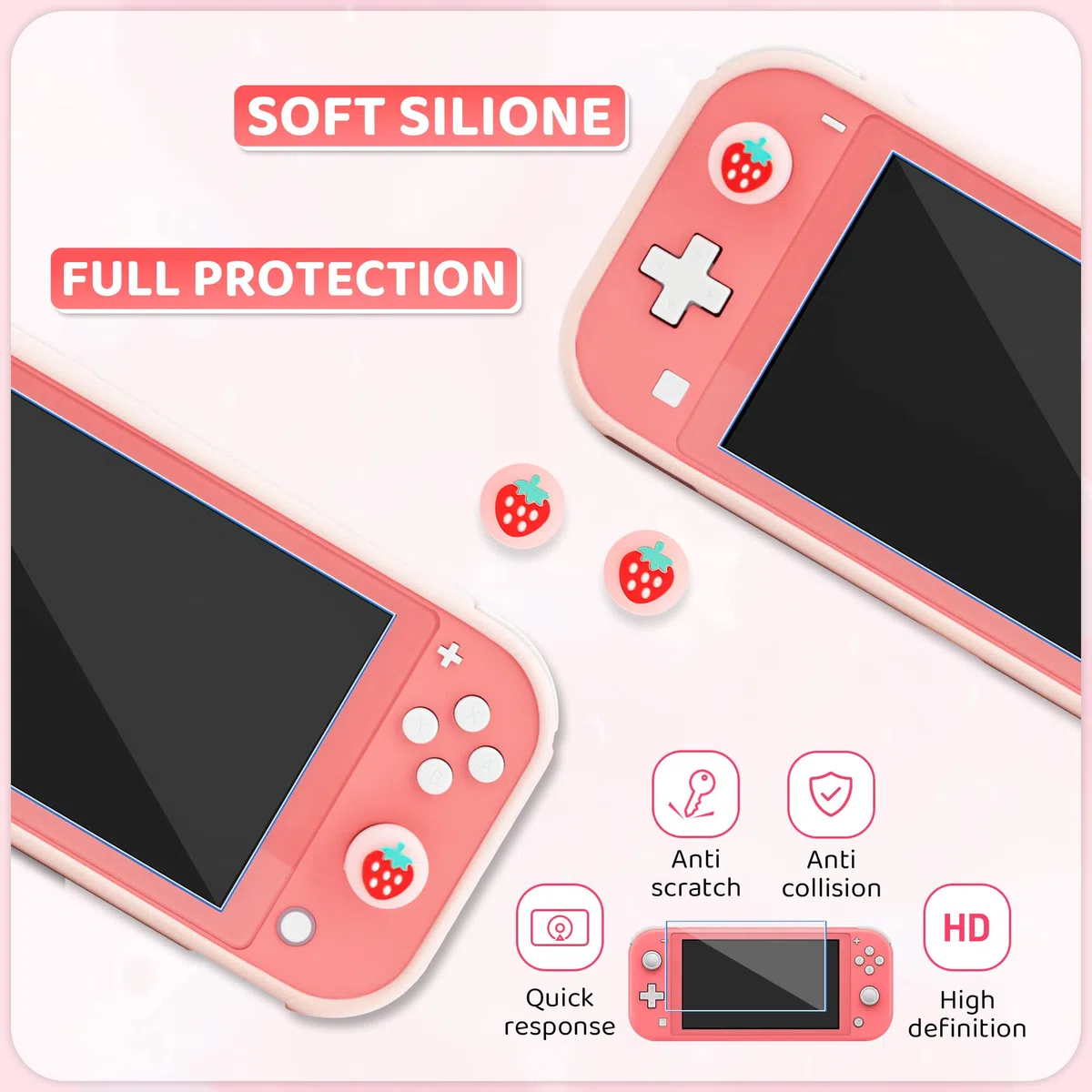 RHOTALL Custodia per Nintendo Switch Lite, graziosa custodia per Switch Lite con guscio protettivo in TPU, tracolla regolabile, protezione schermo e 2 tappi per pollice, fragola