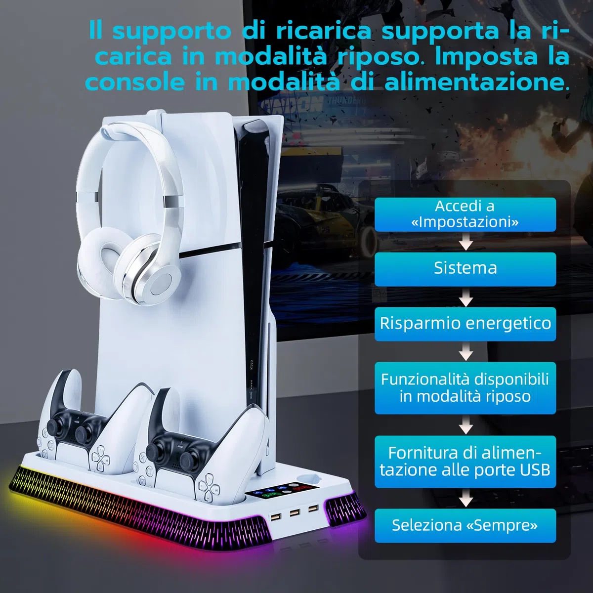 Wigearss Supporto Verticale Raffreddamento PS5/PS5 Slim/PS5 Pro con Doppio Caricatore Controller, Base di Ricarica Joystick PS5 con Ventola Raffreddamento, Illuminazione RGB per PS5/PS5 Slim/PS5 Pro