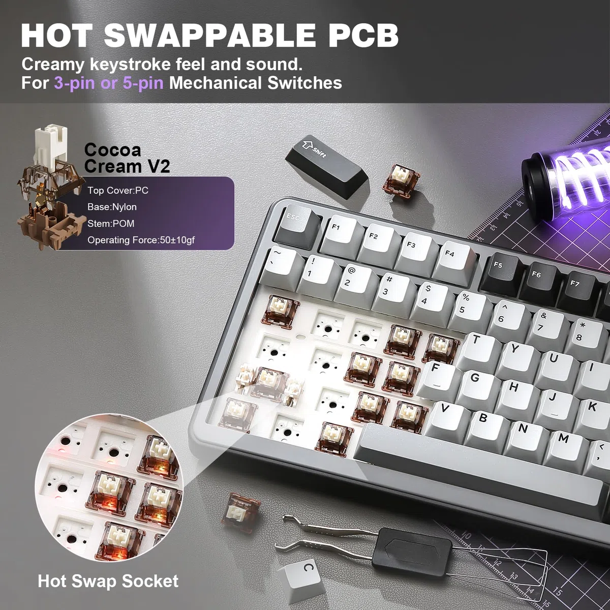 YUNZII B75 PRO Tastiera Meccanica Senza Fili, 75% Gaming Keyboard Hot Swap con Manopola, Interruttori Pre-lubrificati RGB, BT/Tipo-C/2.4G (Dark Grey, Cocoa Cream V2 Switch)