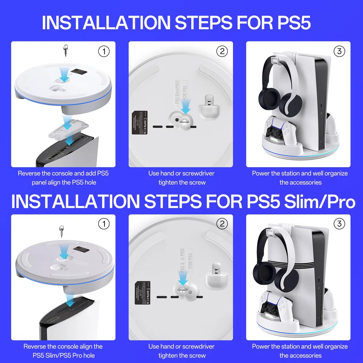 NEWDERY per PS5/PS5 Slim/PS 5 Pro Stand, stazione di ricarica doppio controller con luce RGB per PlayStation 5, supporto verticale per Playstation 5 Digital/Disc Console, bianco