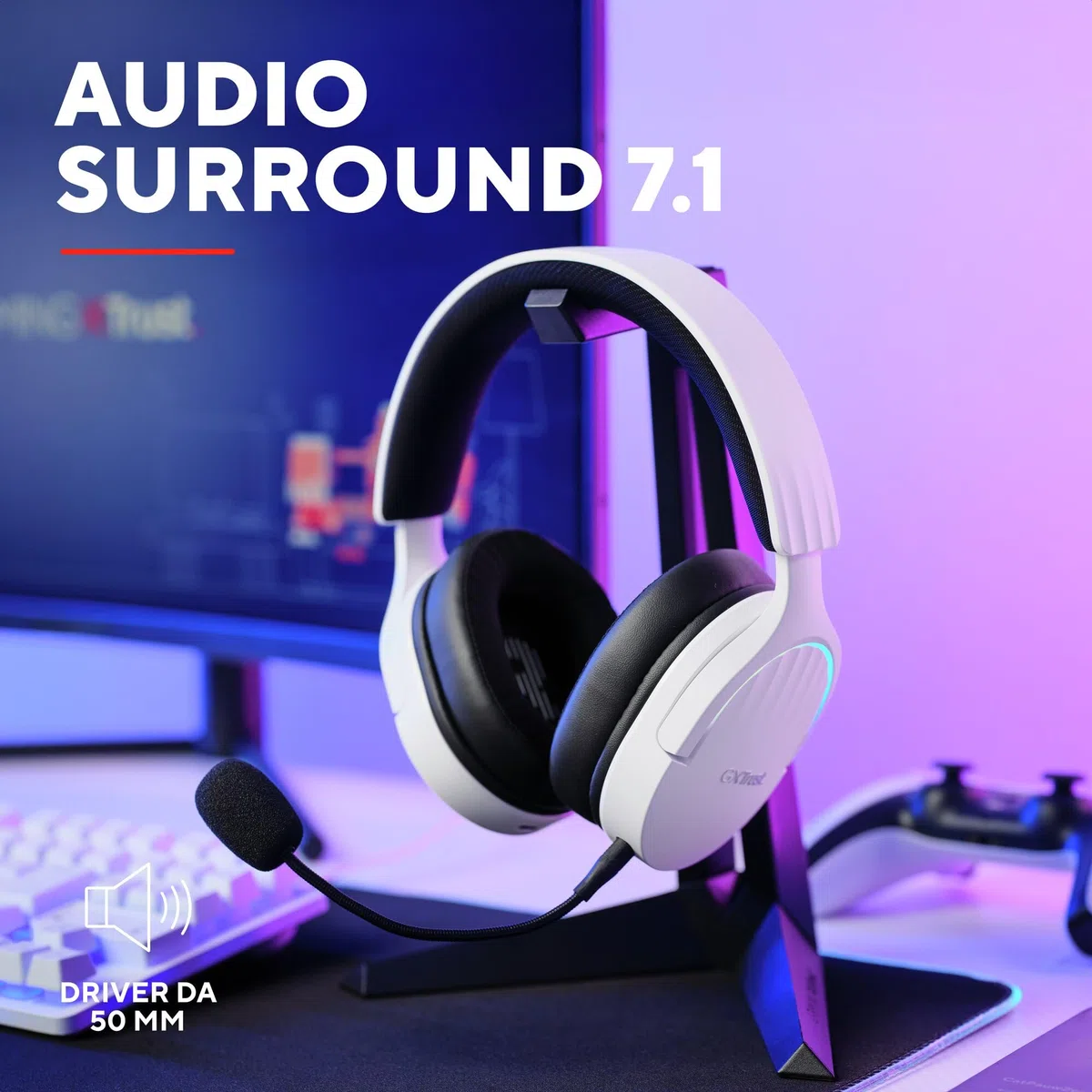 GXTrust 491W Fayzo Cuffie Gaming Wireless Bluetooth + 2.4 GHz, Audio Surround 7.1, Batteria da 22 Ore, 35% Plastica Riciclata, RGB Cuffie Bluetooth Over Ear PC PS5 PS4 Switch - Bianco
