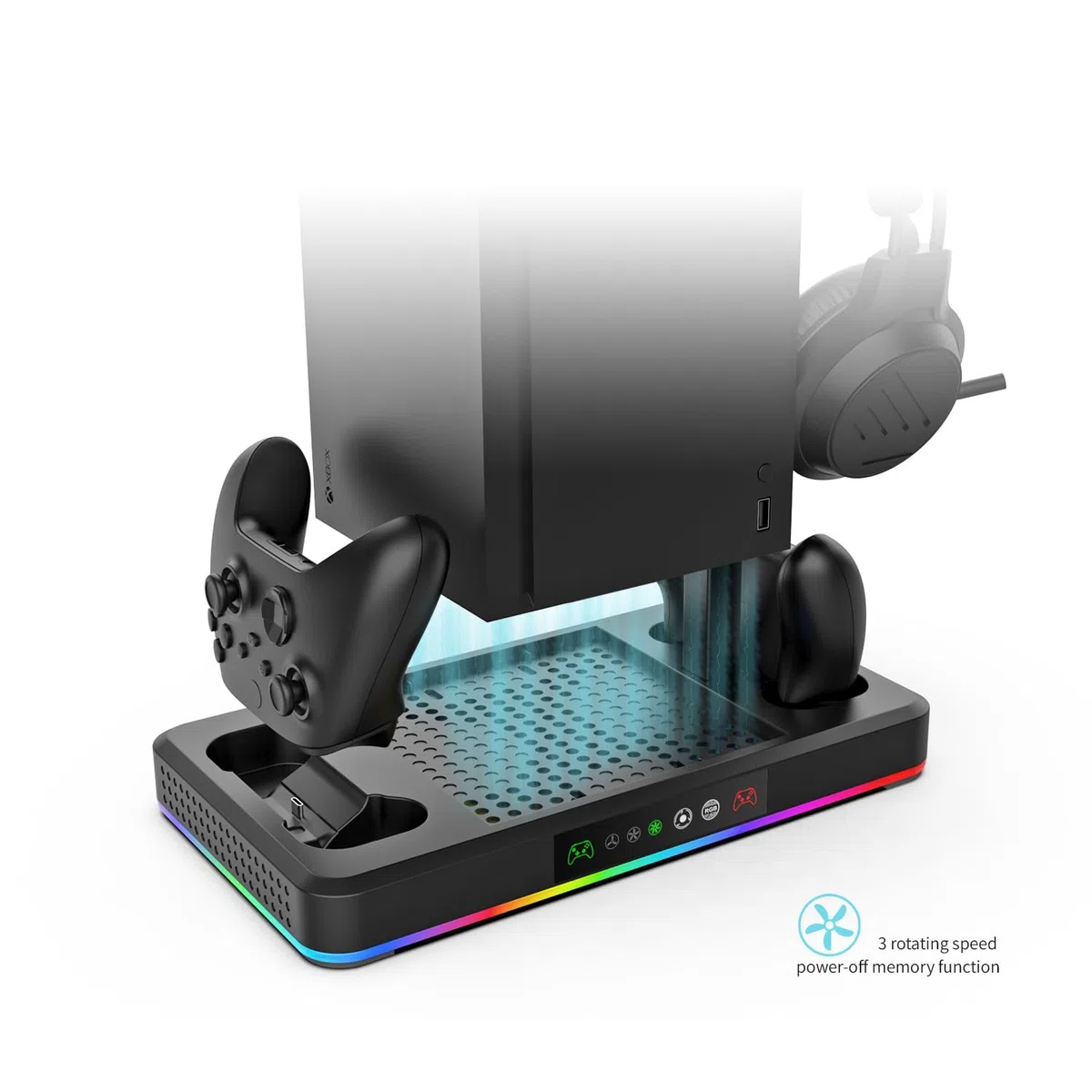 Base di raffreddamento RGB con ventola per Xbox Series X/S, caricatore controller e supporto cuffie (Nero)