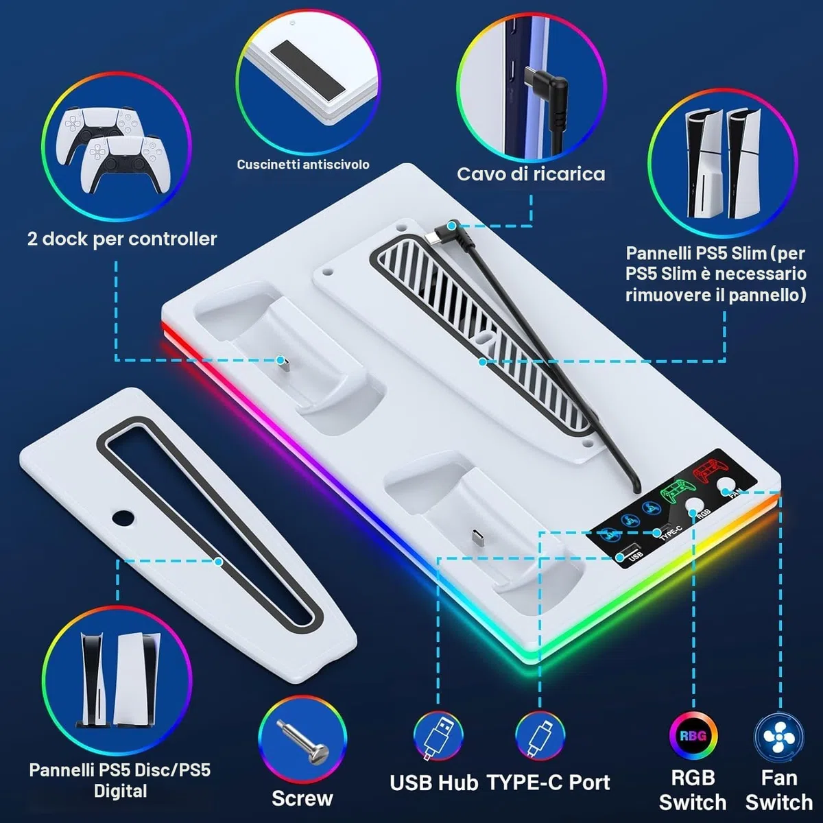 PS5 Supporto Verticale con Ricarica Controller e Ventola di Raffreddamento per PlayStation 5 Pro, Slim, Standard
