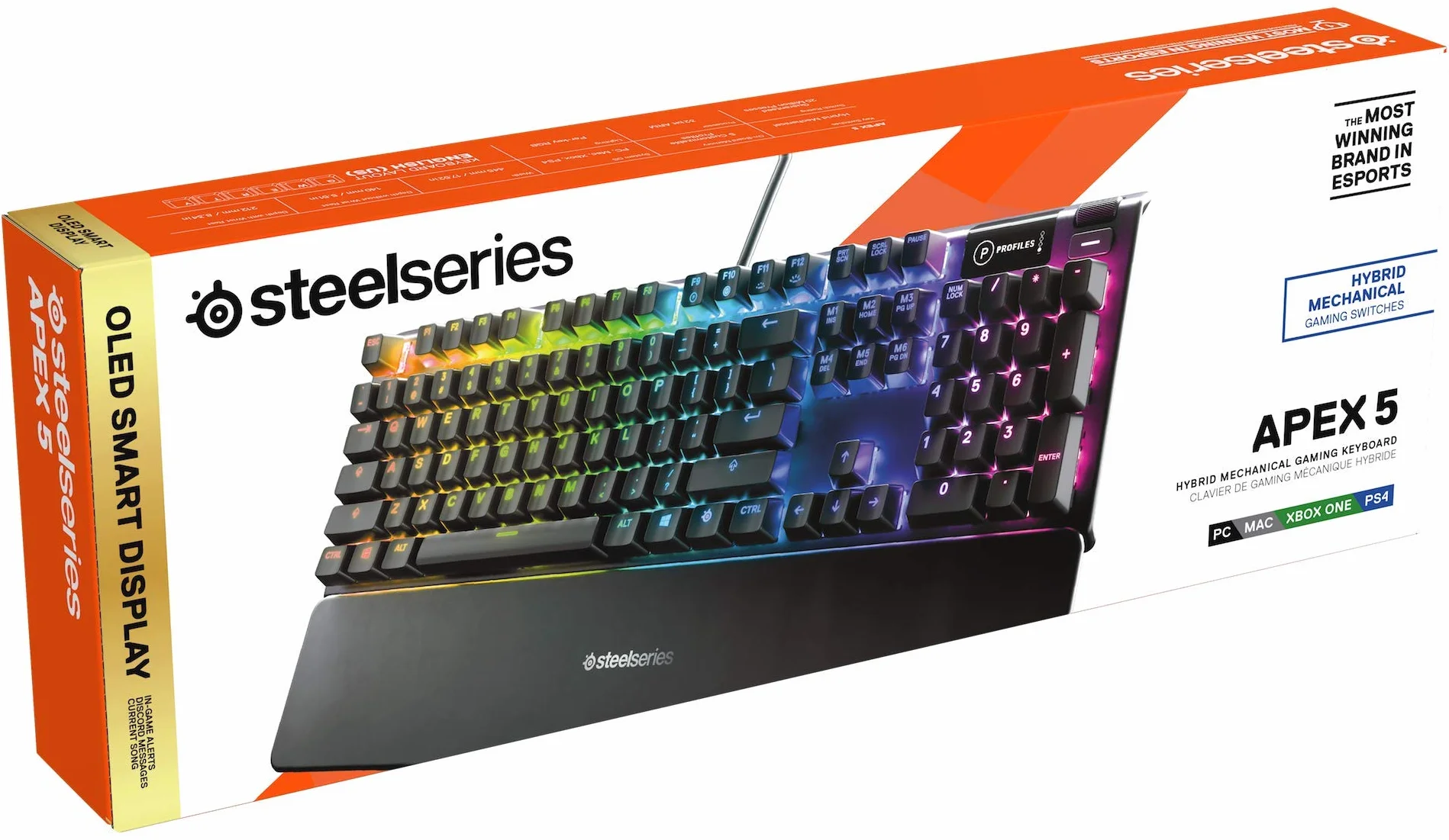 SteelSeries Apex 5 Tastiera da gaming meccanica ibrida , Illuminazione RGB per ogni tasto, Struttura in lega di alluminio aeronautico, Smart Display OLED, Layout Turco (QWERTY)