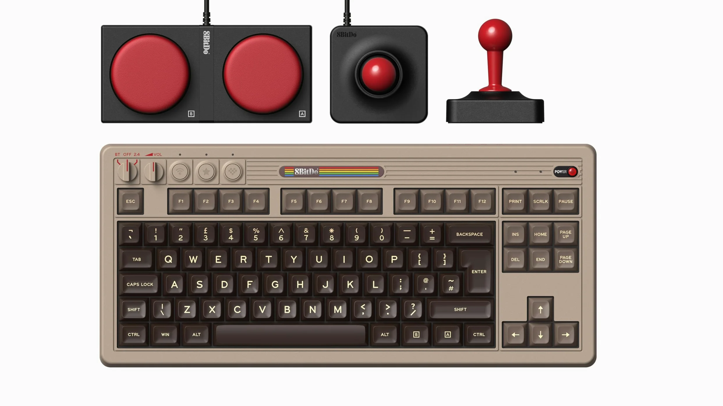 8Bitdo Tastiera meccanica retrò, tastiera da gioco hot switchable Bluetooth/2.4G con 87 tasti, doppio super tasto e super stick per Windows e Android - Layout ISO UK - Edizione C64