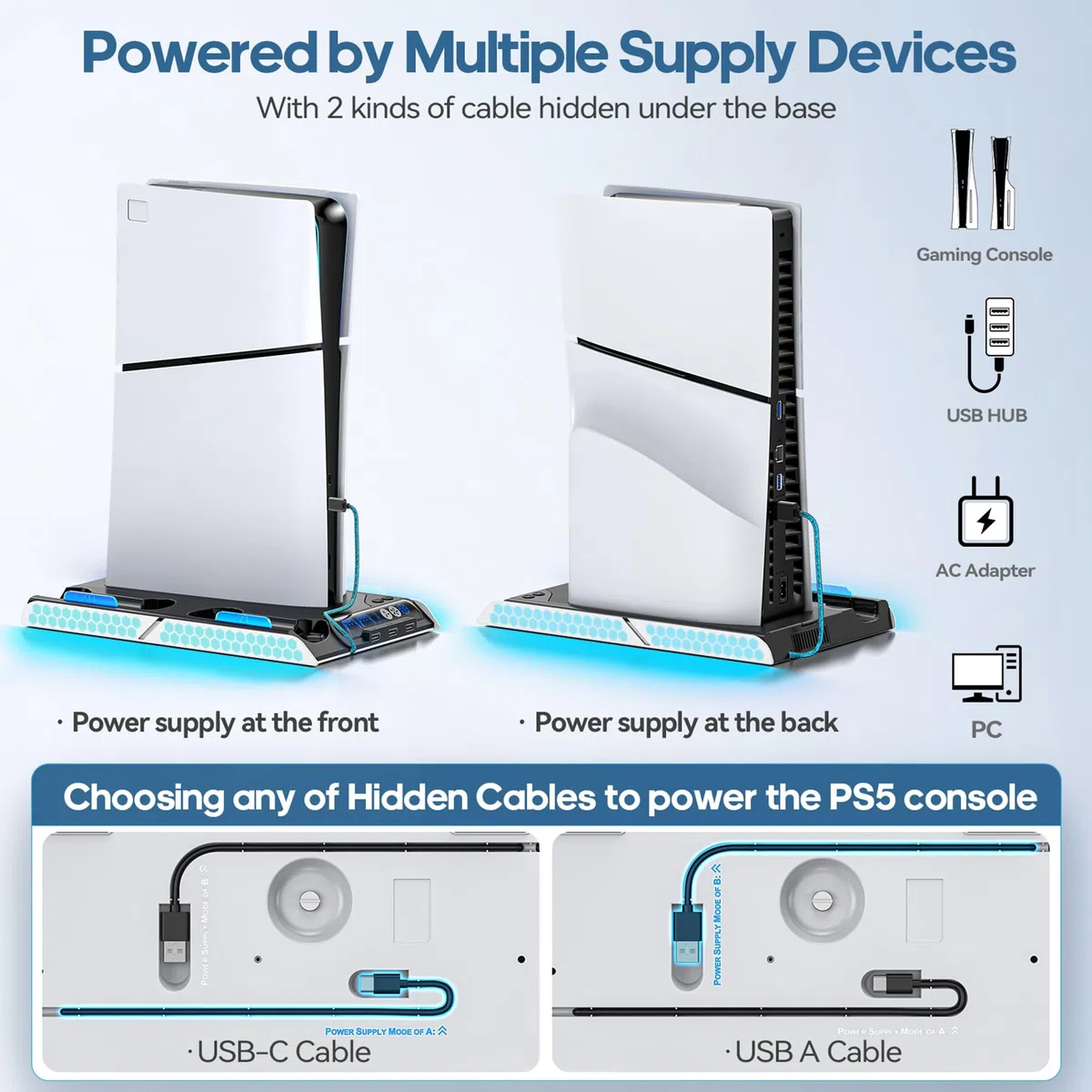 KDD Supporto PS5/PS5 Slim Con Ventola di Raffreddamento Autoregolante, Base PS5 Slim è di Ricarica Dualsense PS5, Base Verticale PS5 per PS5 Slim/PS5 Digital Edition e Disc Edition