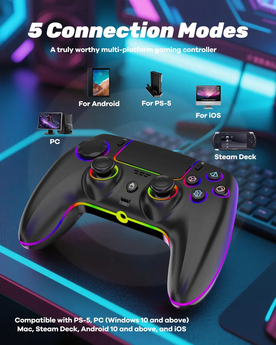 Controller Wireless Pro per PS5 PC MAC Steam Deck Gamepad 7 Colori RGB Personalizzabili Joystick Grilletti Effect Hall Turbo Giroscopio 6 Assi Programmabile Doppia Vibrazione Batteria 1500 mAh