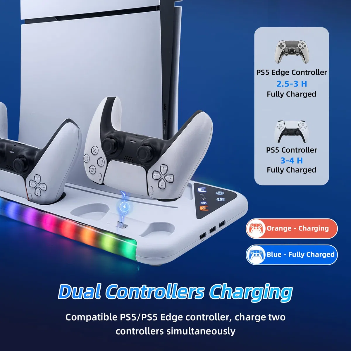 Supporto con ventola per console PS5 Slim/PS5, stazione di ricarica per DualSense/Edge Controller con 9 luci RGB, supporto per cuffie e 3 hub USB per PS5 UHD e Digital-Bianco