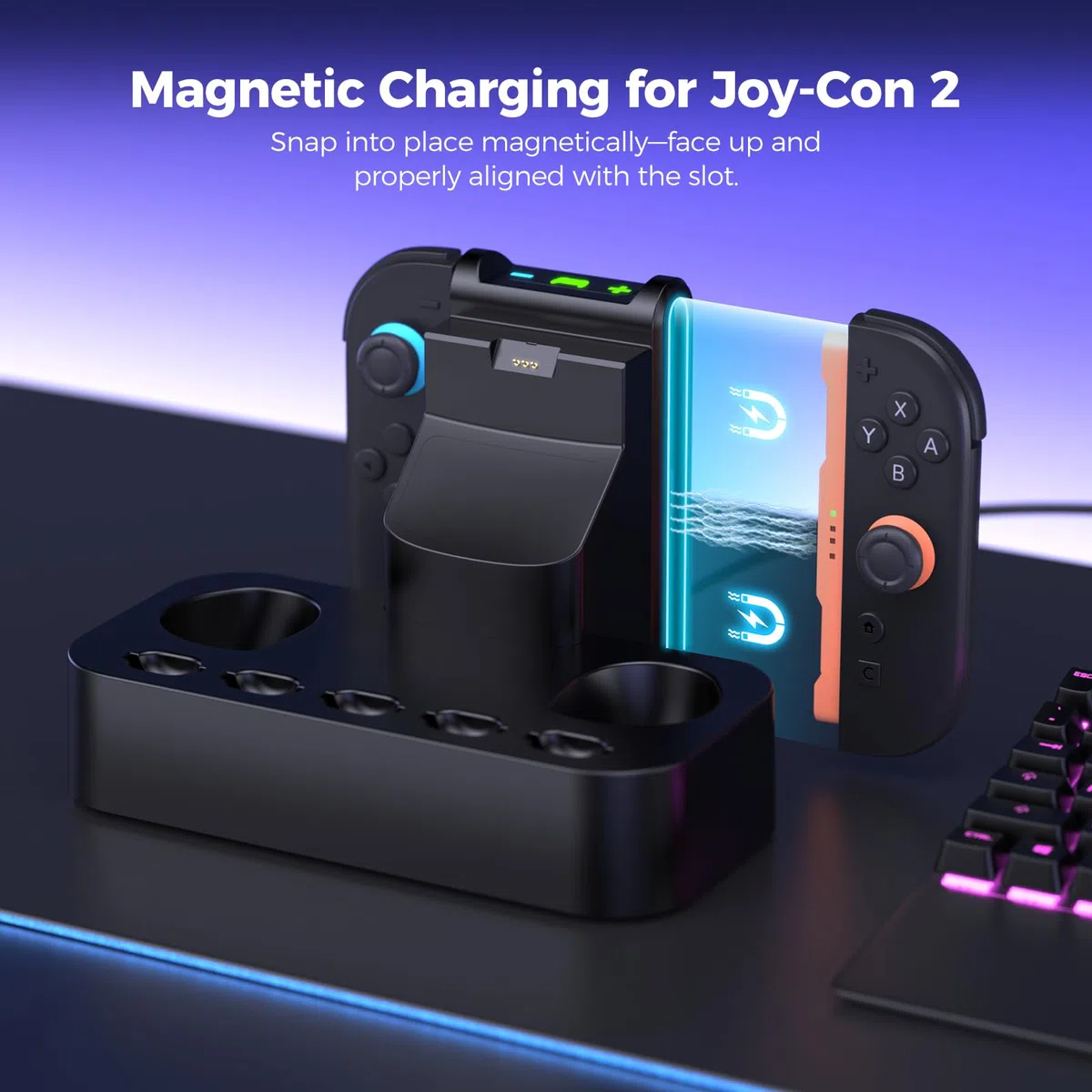 NEWDERY Stazione di ricarica controller per Nintendo Switch 2, stazione di ricarica magnetica rapida Joy con 5 giochi di stoccaggio spazio e indicatore LED, base antiscivolo