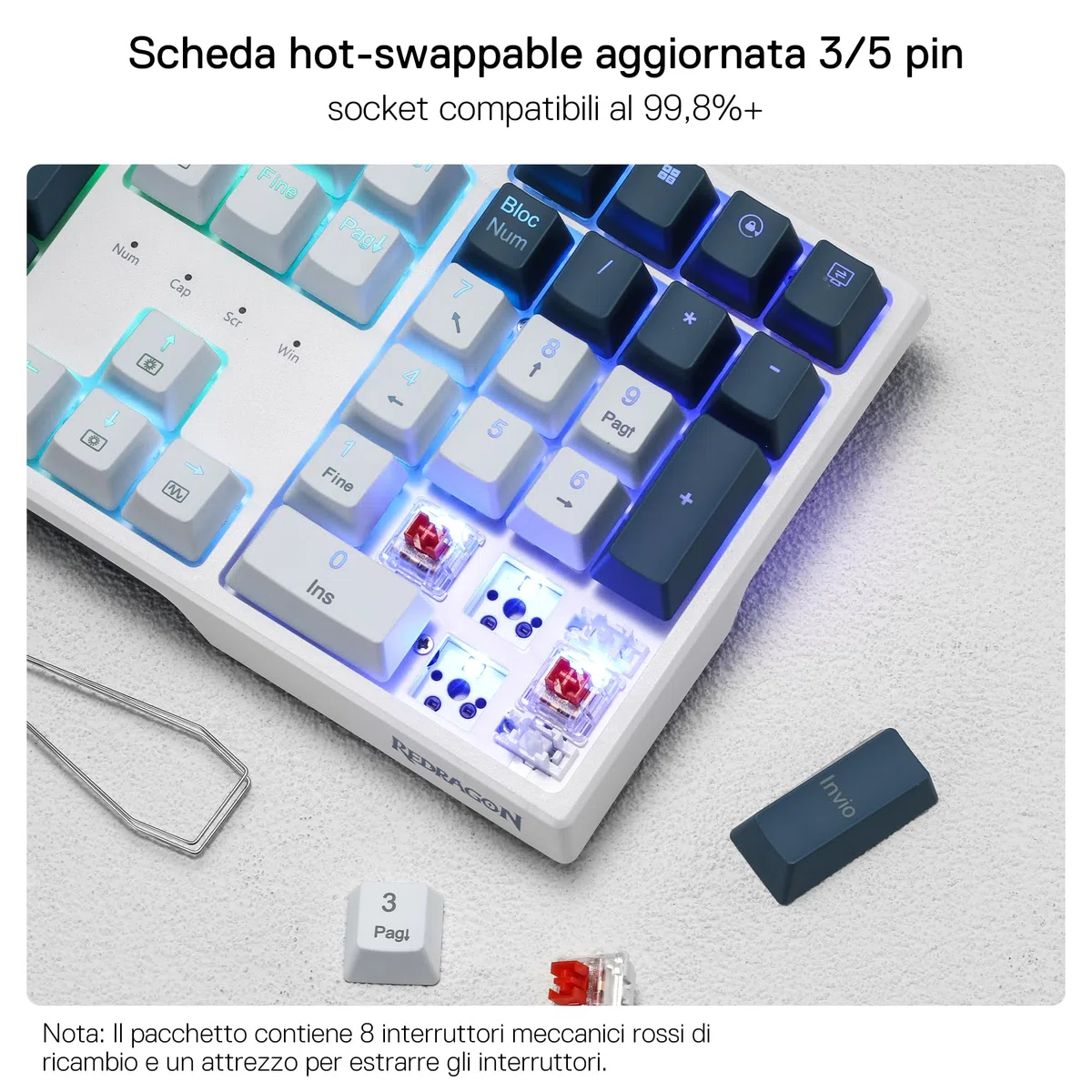 Redragon K668 RGB Tastiera Gaming Meccanica Cablate 109 Tasti Hot-Swappable Interruttori Rossi QWERTY Italiano