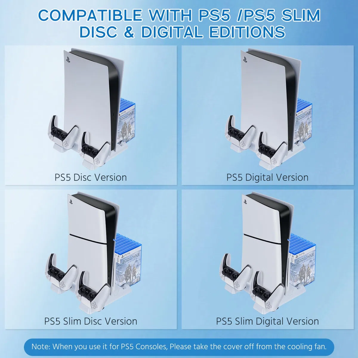 PS5/PS5 Slim Supporto di Ricarica con Ventola di 3 VelocitàRaffreddament per PS5/PS5 Slim, Supporto di Ricarica Controller PS5 con 11 Slot per Schede di Gioco per PS5/PS5 Slim Digitale/Disco